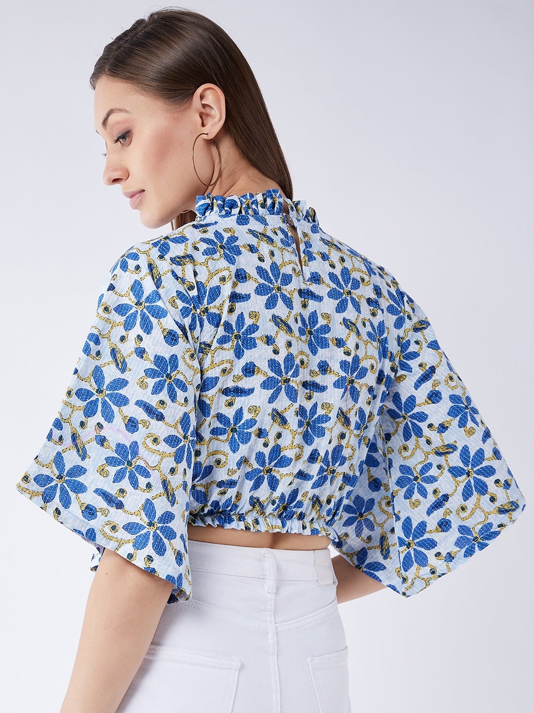 InWeave Cerulean Blue Bell Sleeves Crop Top - Swadesiicart