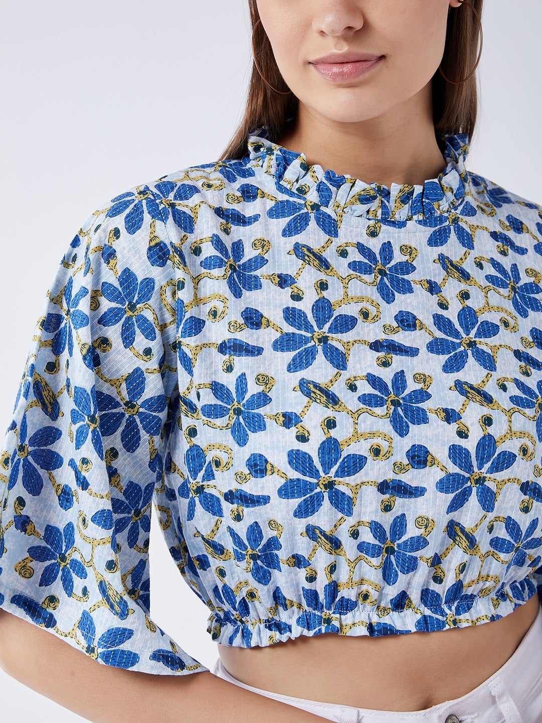 InWeave Cerulean Blue Bell Sleeves Crop Top - Swadesiicart