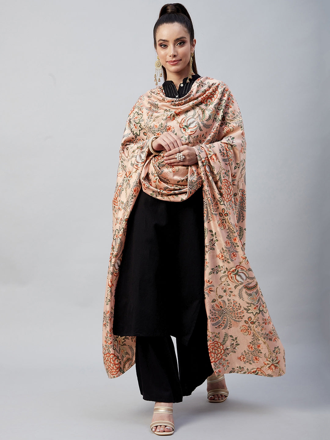 InWeave Peach Printed Velvet Shawl - Swadesiicart