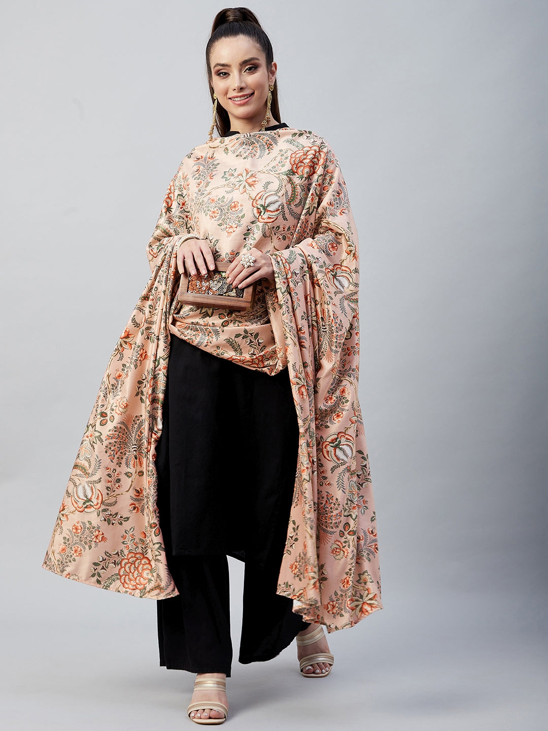 InWeave Peach Printed Velvet Shawl - Swadesiicart