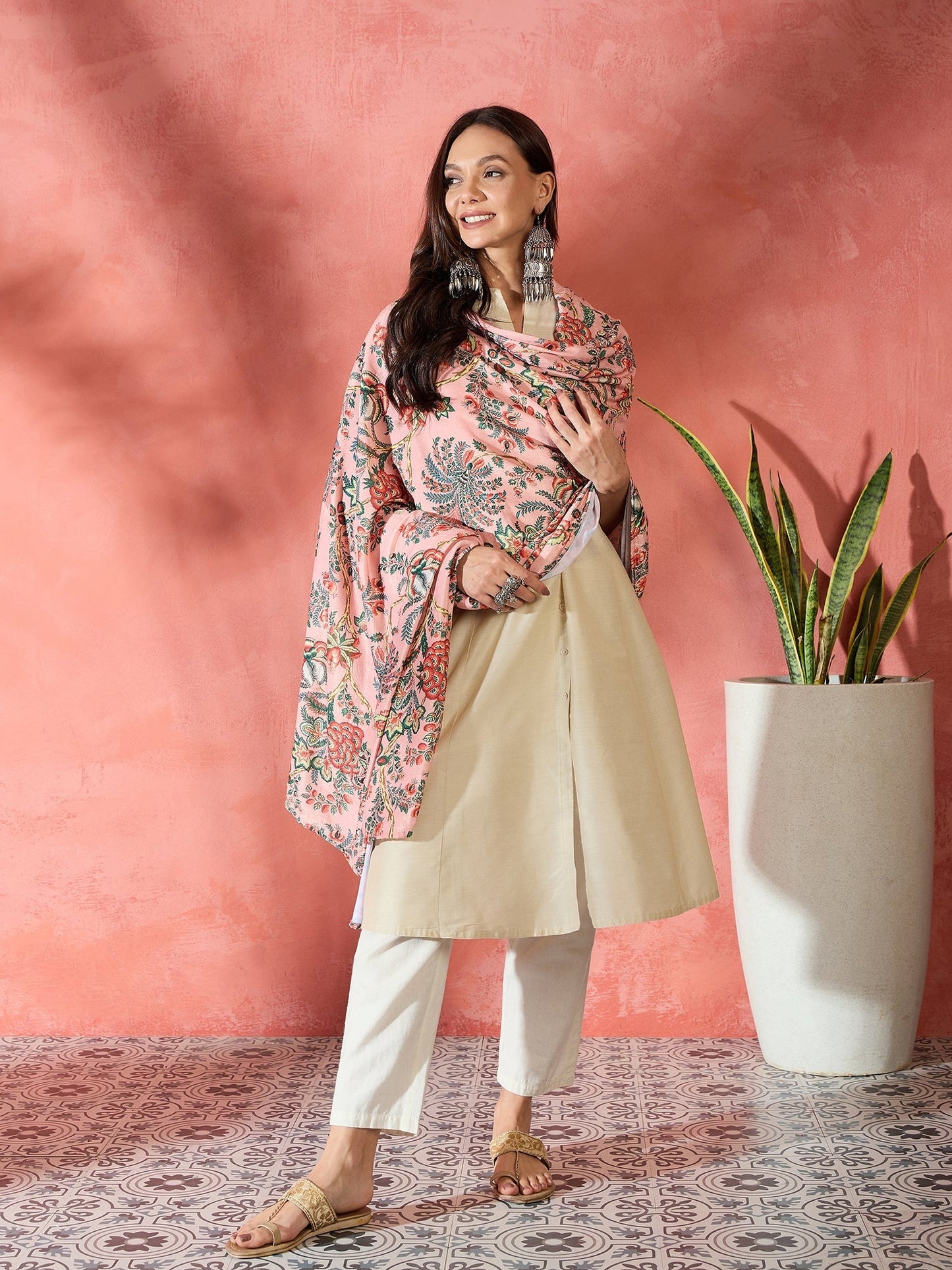 InWeave Peach Printed Velvet Shawl - Swadesiicart