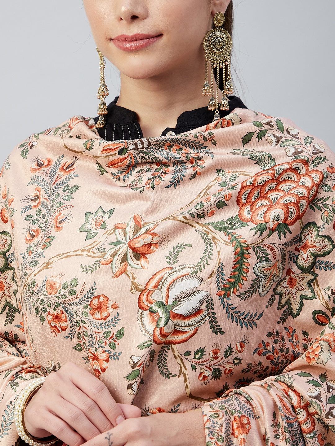 InWeave Peach Printed Velvet Shawl - Swadesiicart