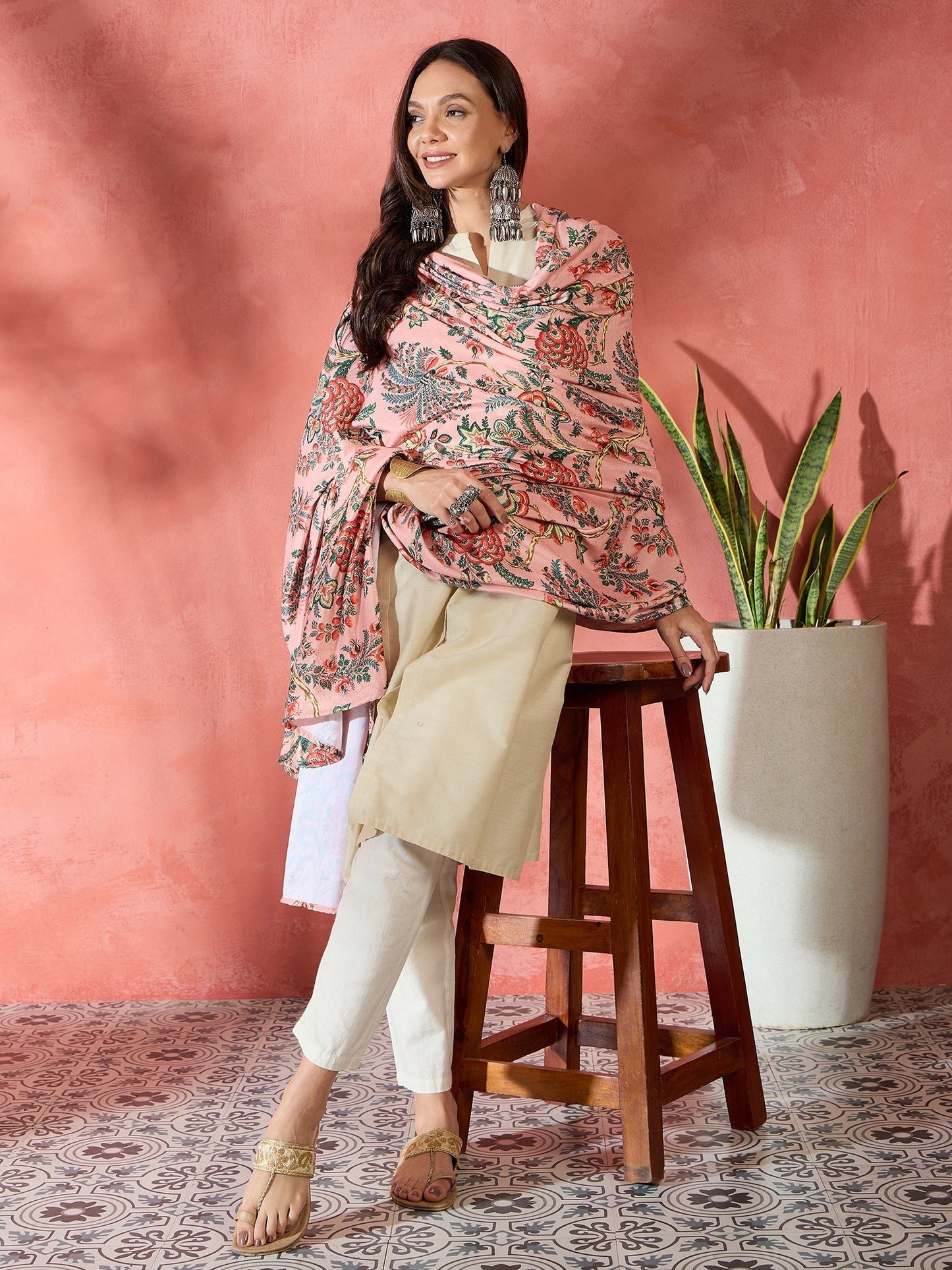 InWeave Peach Printed Velvet Shawl - Swadesiicart