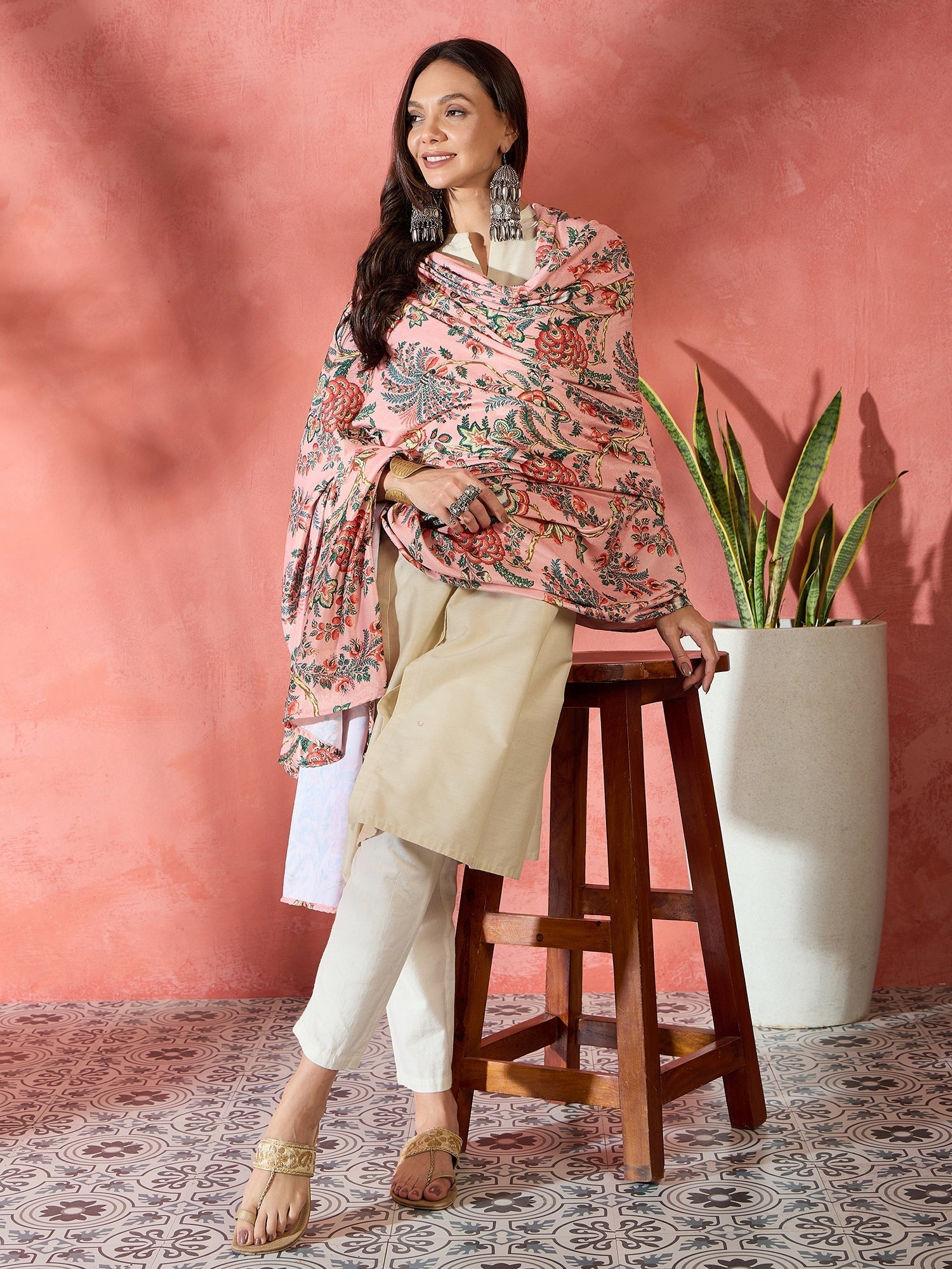 InWeave Peach Printed Velvet Shawl - Swadesiicart