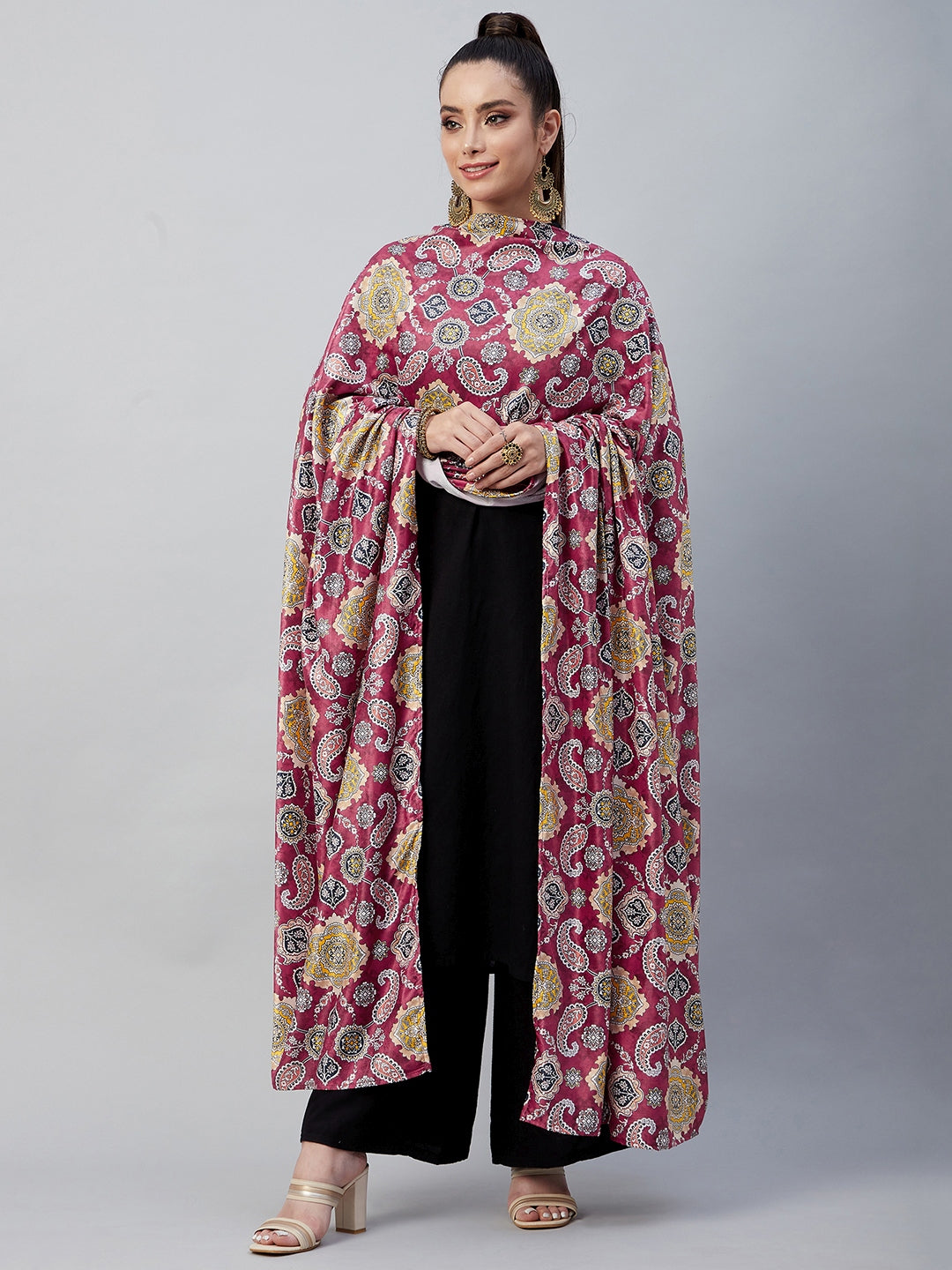 InWeave Red Printed Velvet Shawl - Swadesiicart