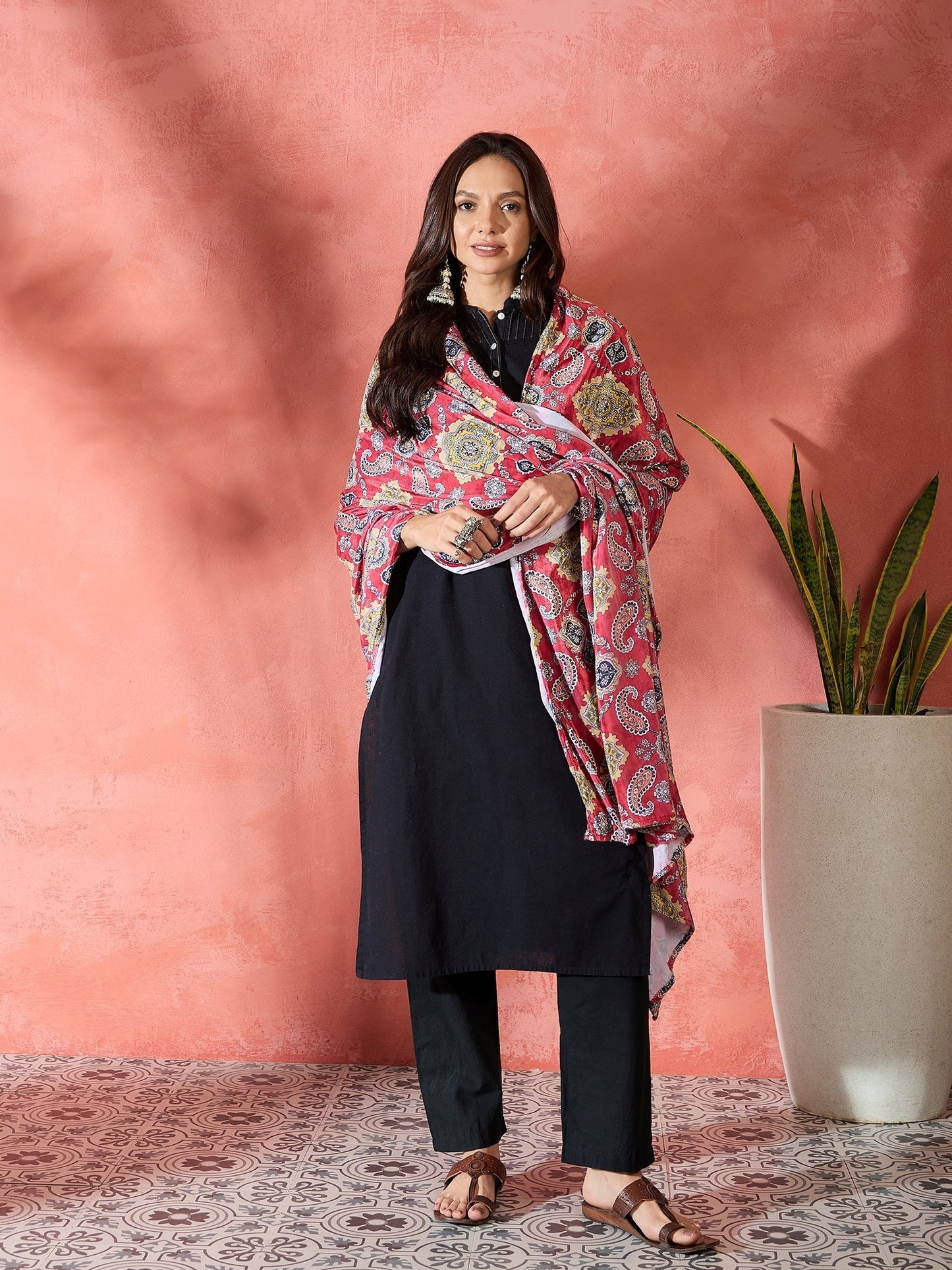 InWeave Red Printed Velvet Shawl - Swadesiicart