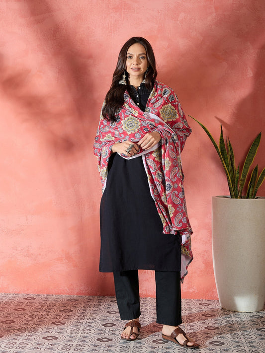InWeave Red Printed Velvet Shawl - Swadesiicart
