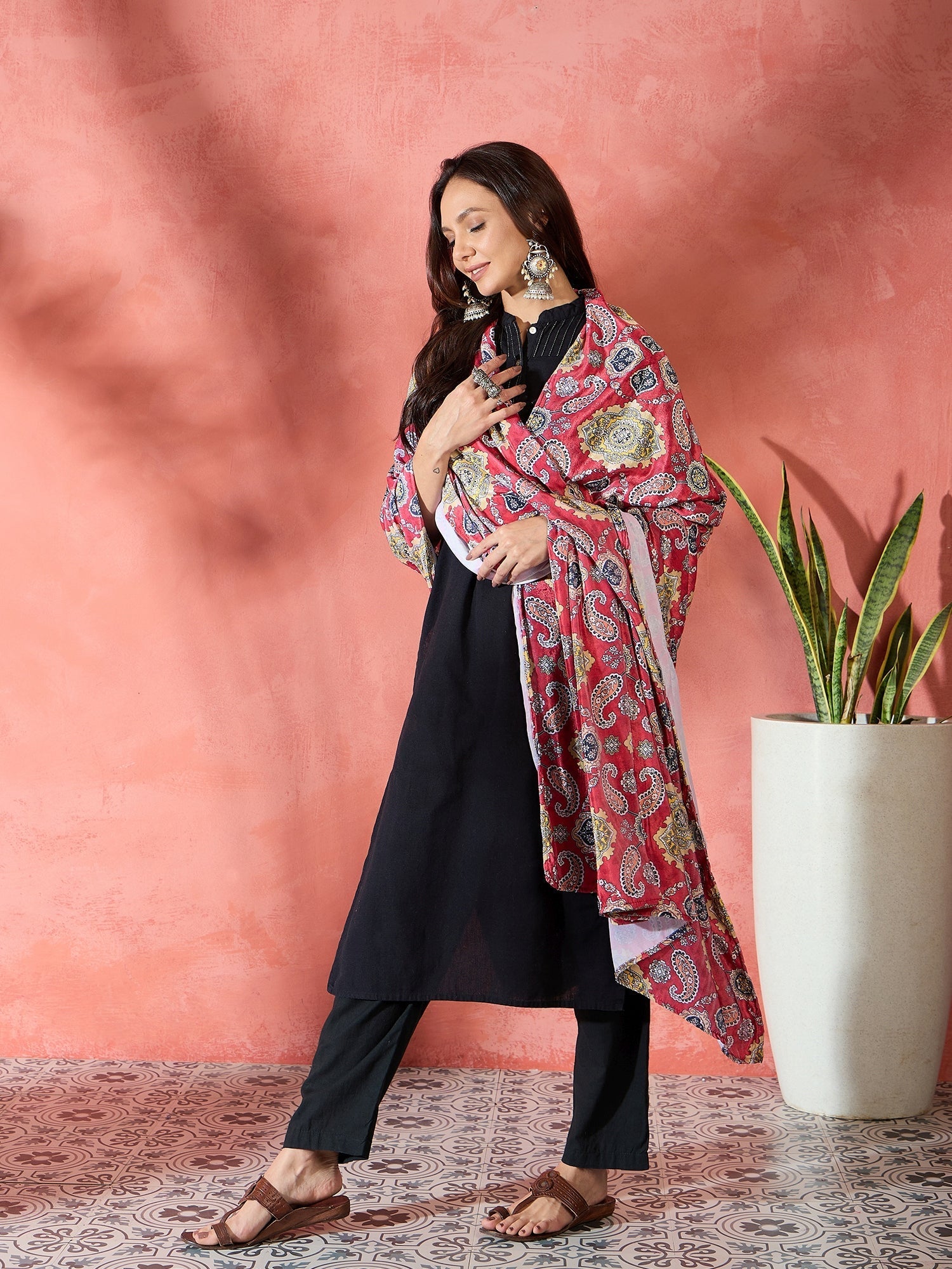 InWeave Red Printed Velvet Shawl - Swadesiicart