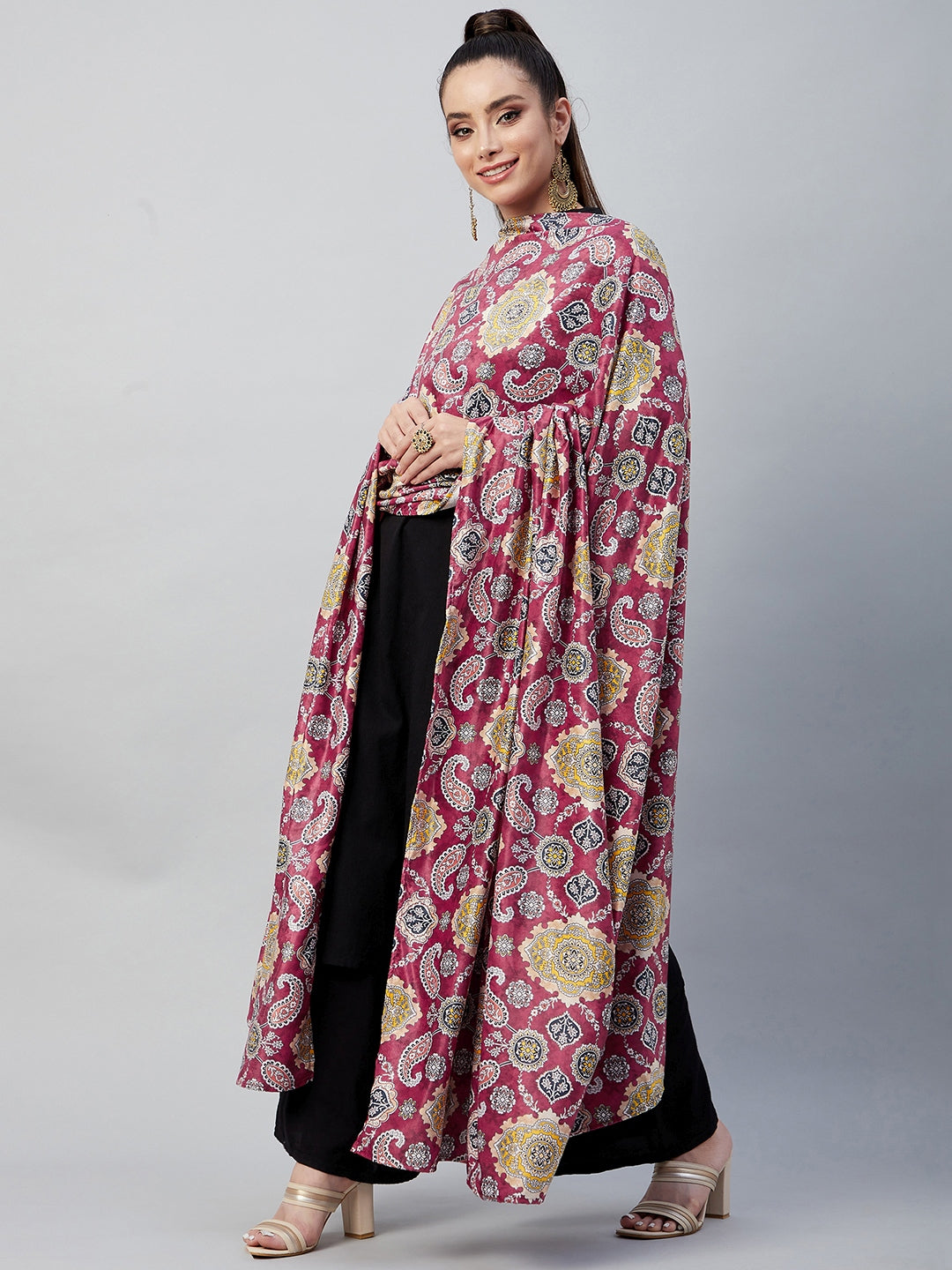 InWeave Red Printed Velvet Shawl - Swadesiicart