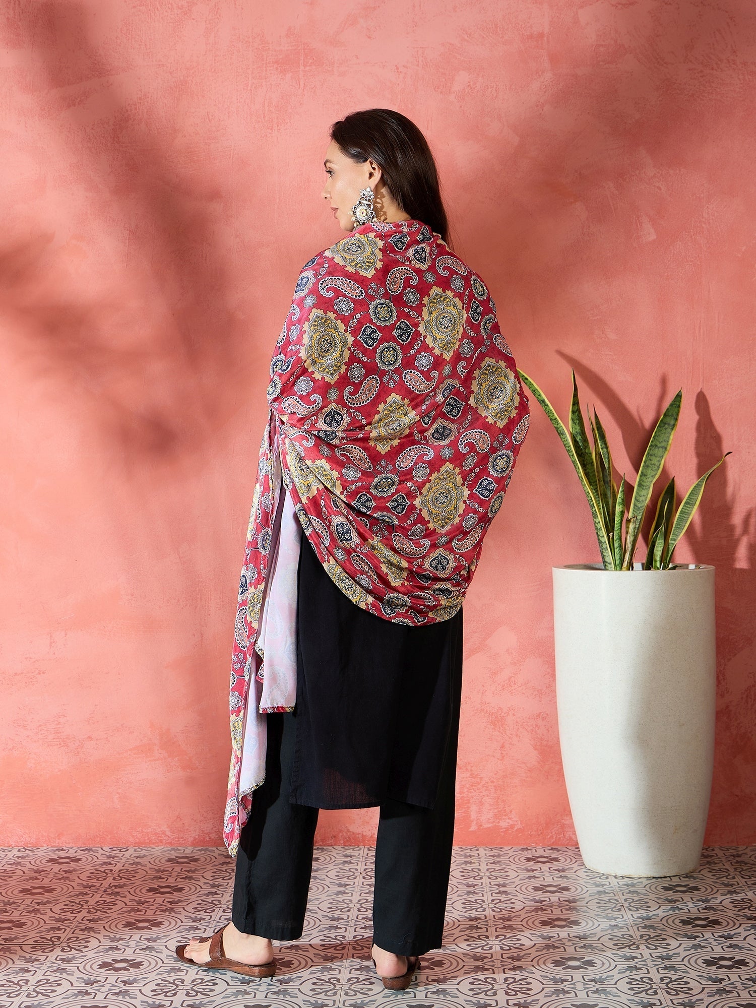 InWeave Red Printed Velvet Shawl - Swadesiicart