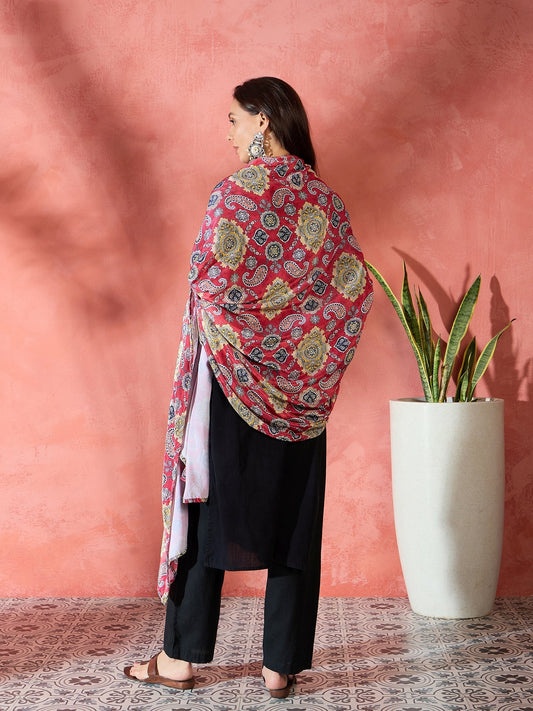 InWeave Red Printed Velvet Shawl - Swadesiicart