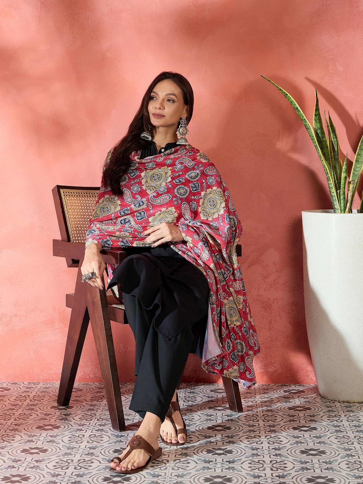 InWeave Red Printed Velvet Shawl - Swadesiicart