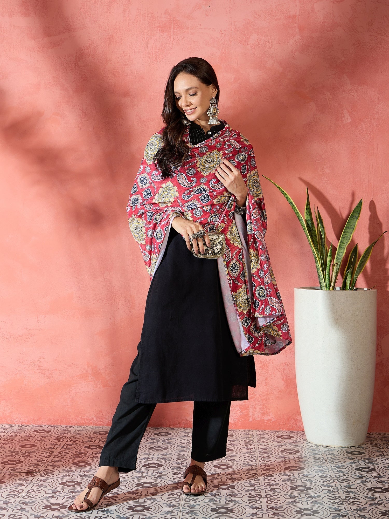 InWeave Red Printed Velvet Shawl - Swadesiicart