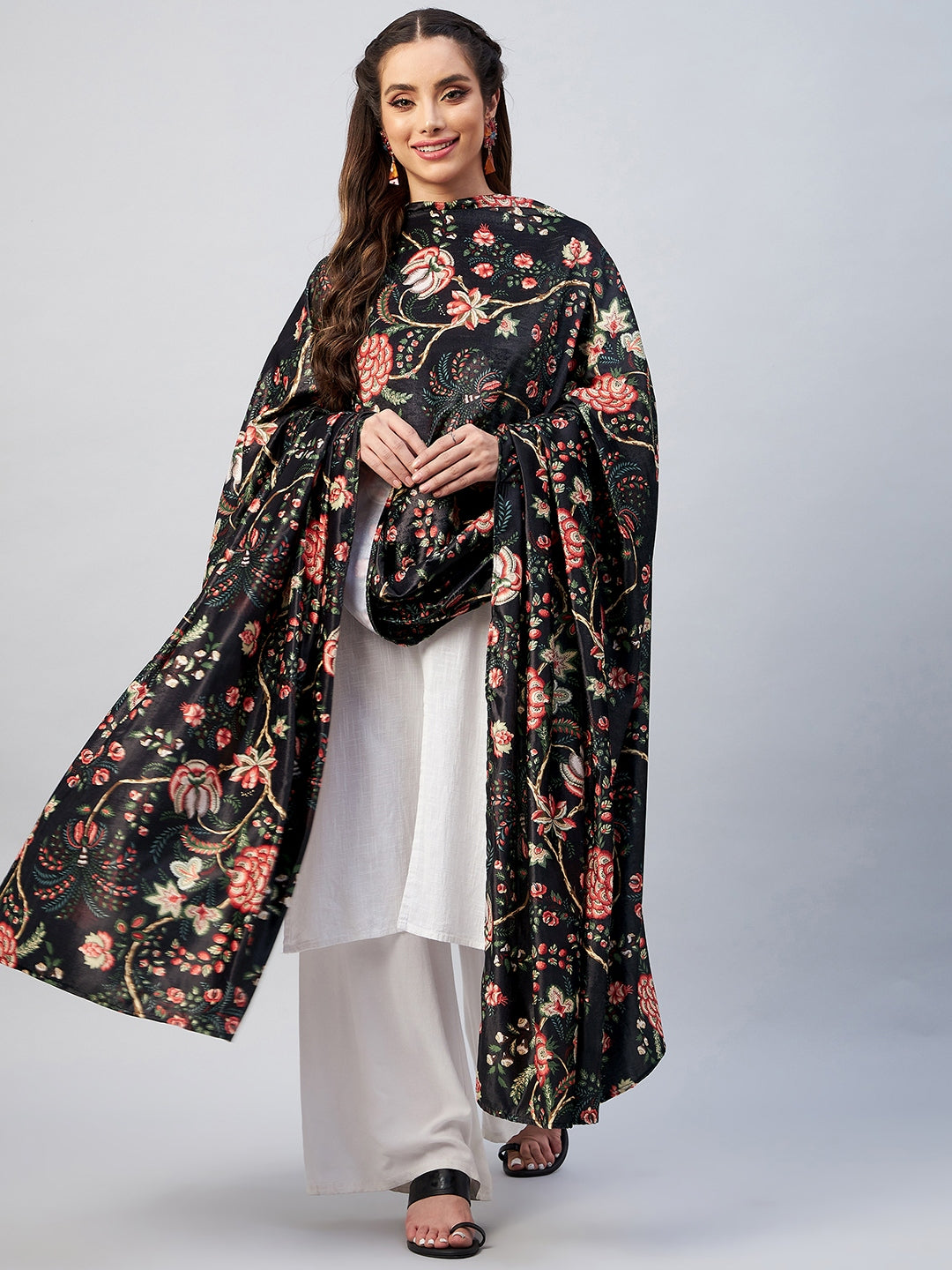 InWeave Black Printed Velvet Shawl - Swadesiicart
