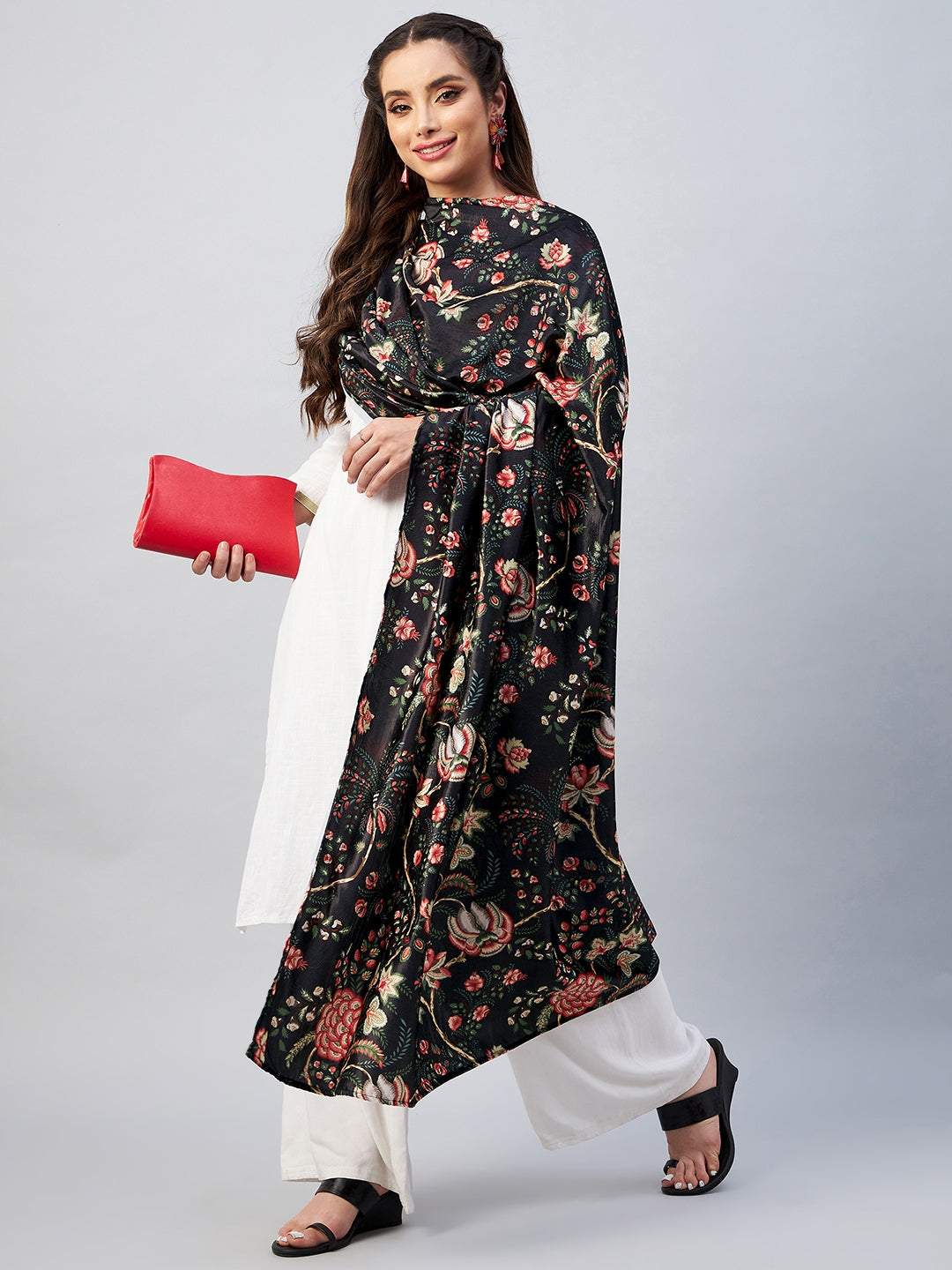 InWeave Black Printed Velvet Shawl - Swadesiicart