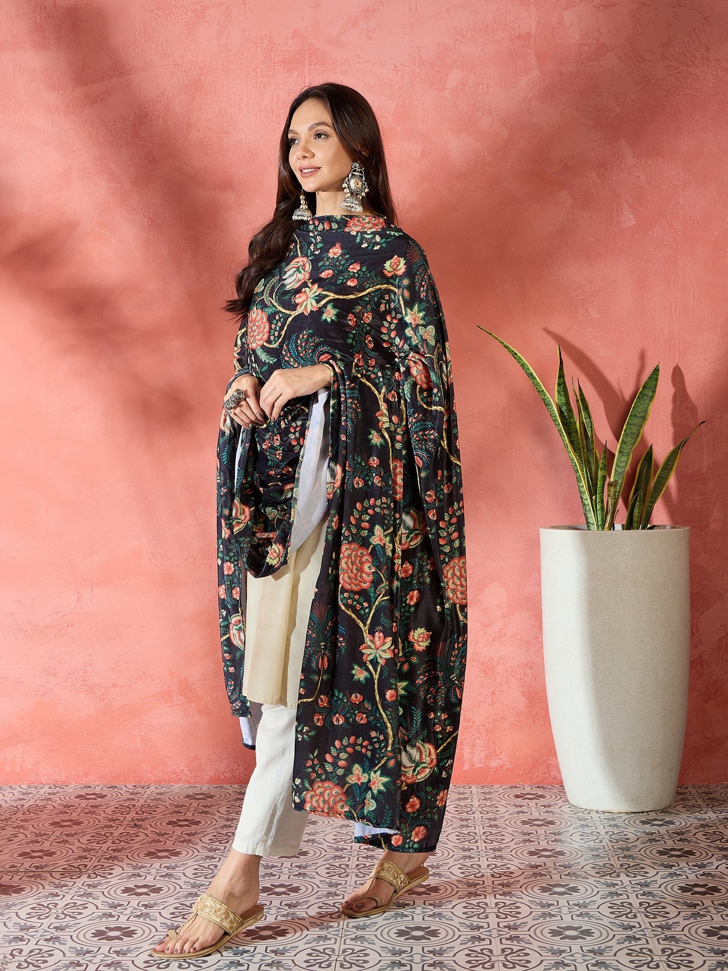 InWeave Black Printed Velvet Shawl - Swadesiicart