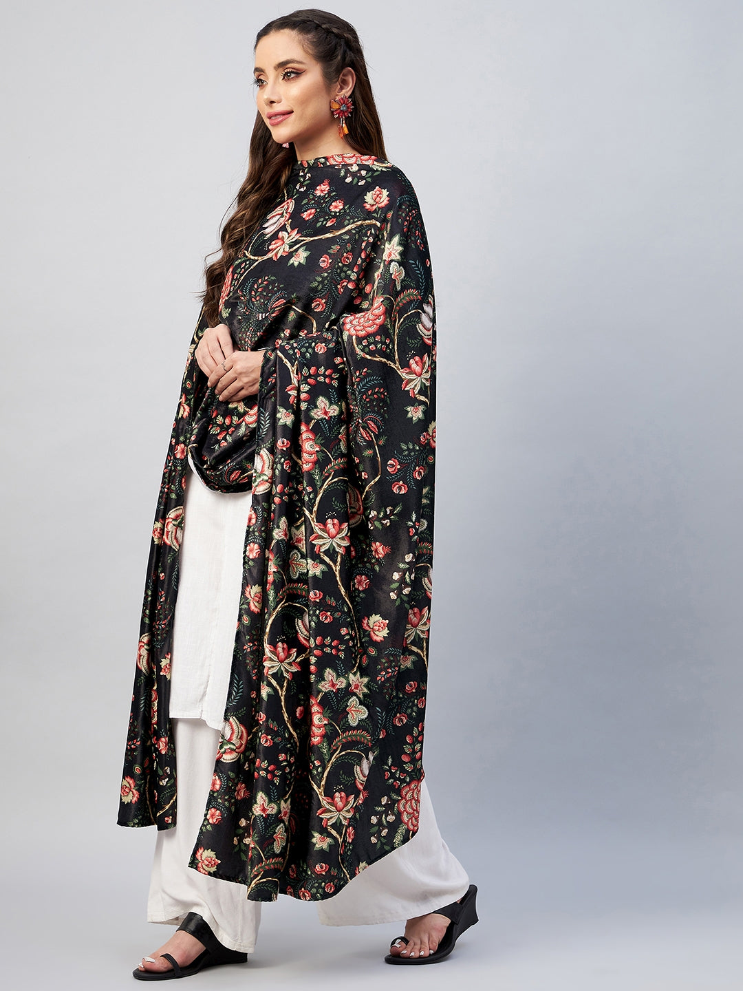 InWeave Black Printed Velvet Shawl - Swadesiicart