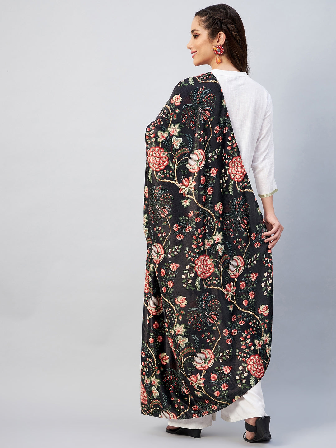 InWeave Black Printed Velvet Shawl - Swadesiicart
