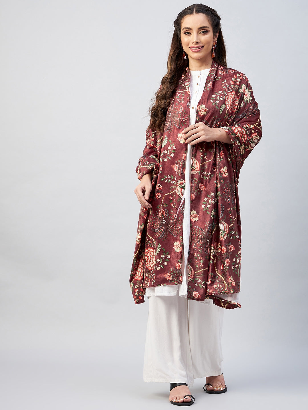 InWeave Maroon Printed Velvet Shawl - Swadesiicart
