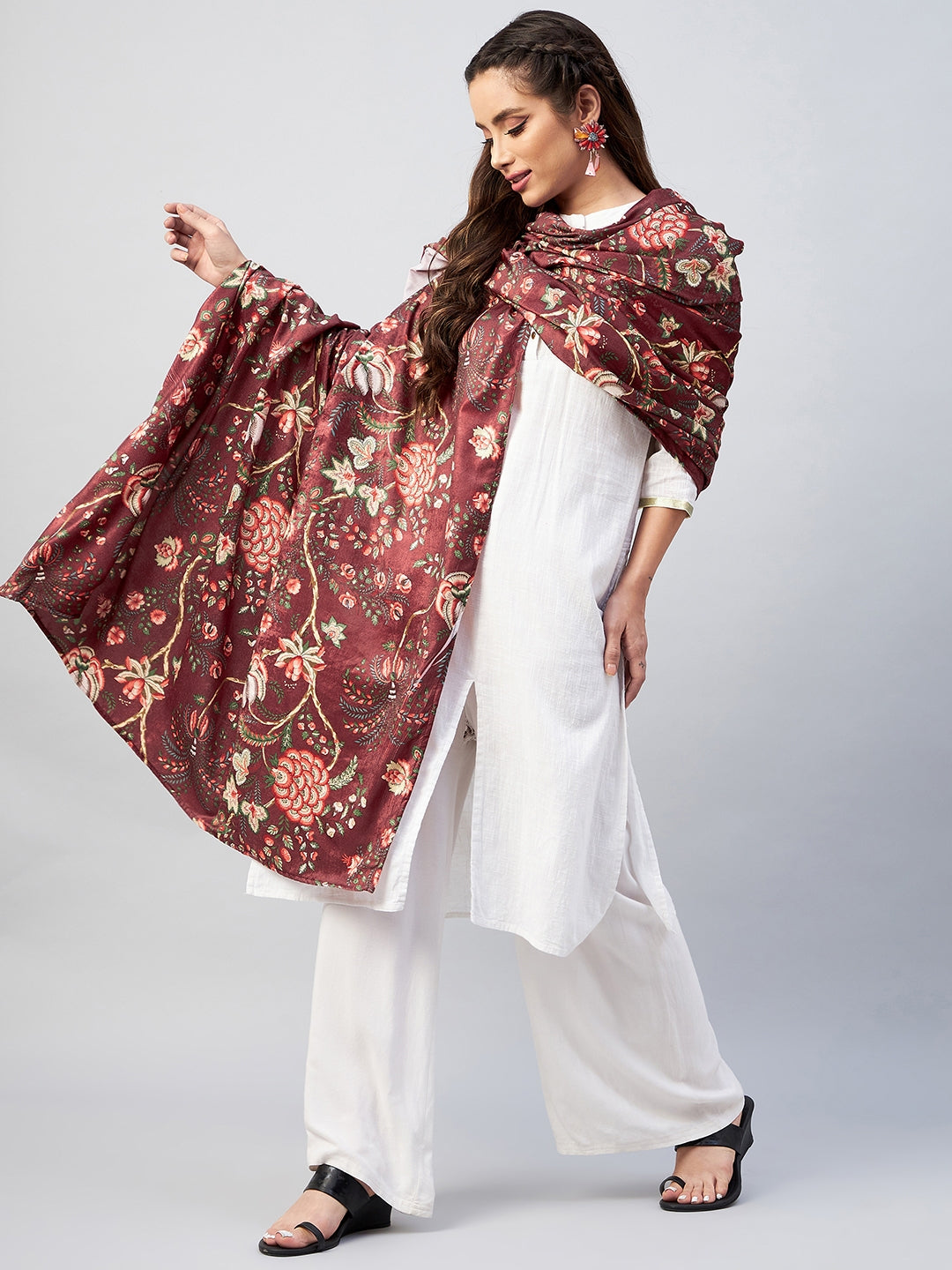 InWeave Maroon Printed Velvet Shawl - Swadesiicart
