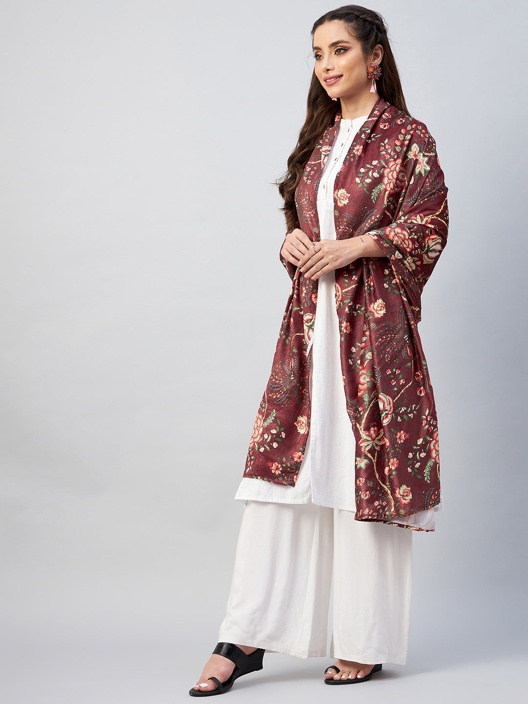 InWeave Maroon Printed Velvet Shawl - Swadesiicart