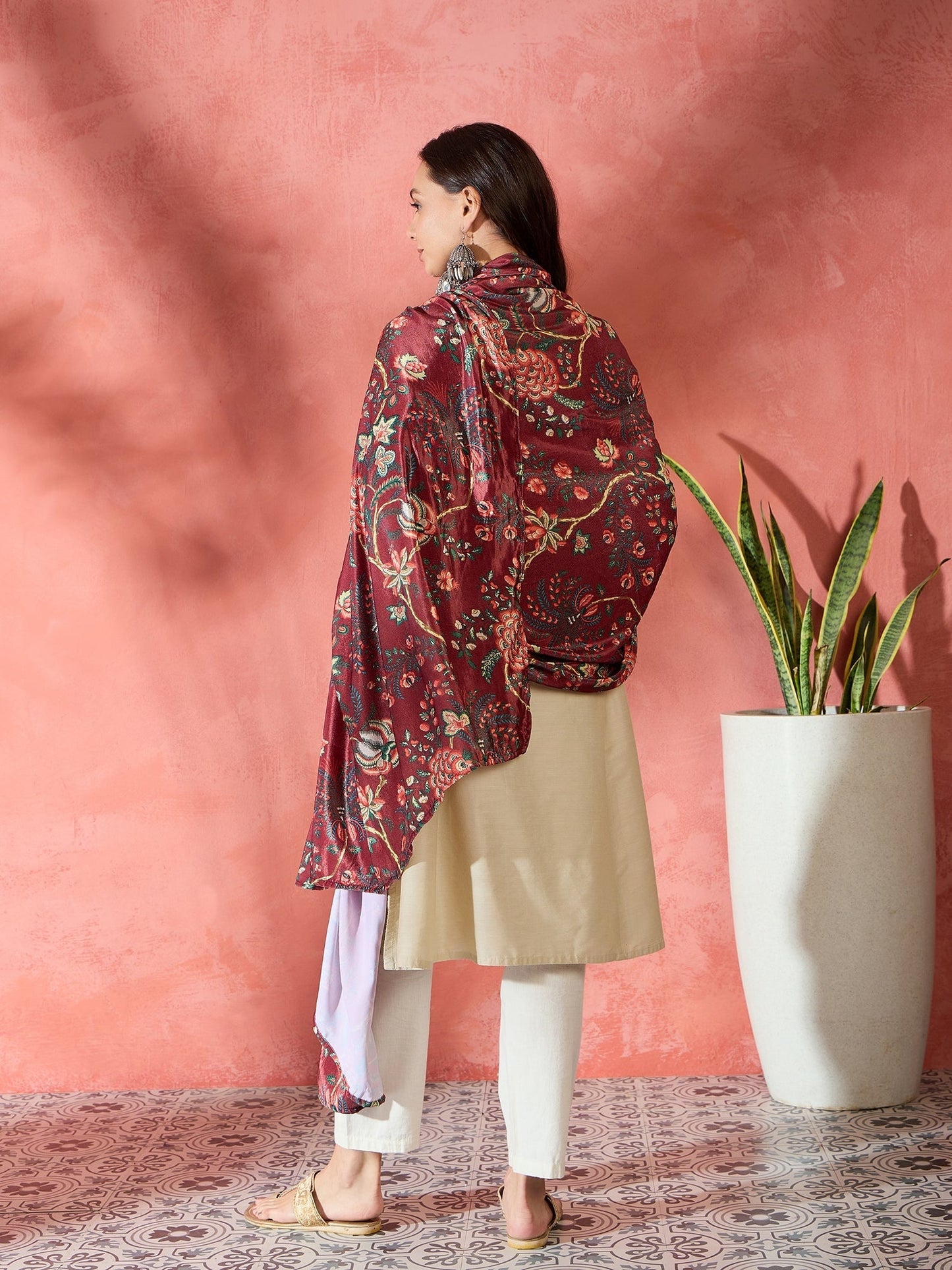 InWeave Maroon Printed Velvet Shawl - Swadesiicart