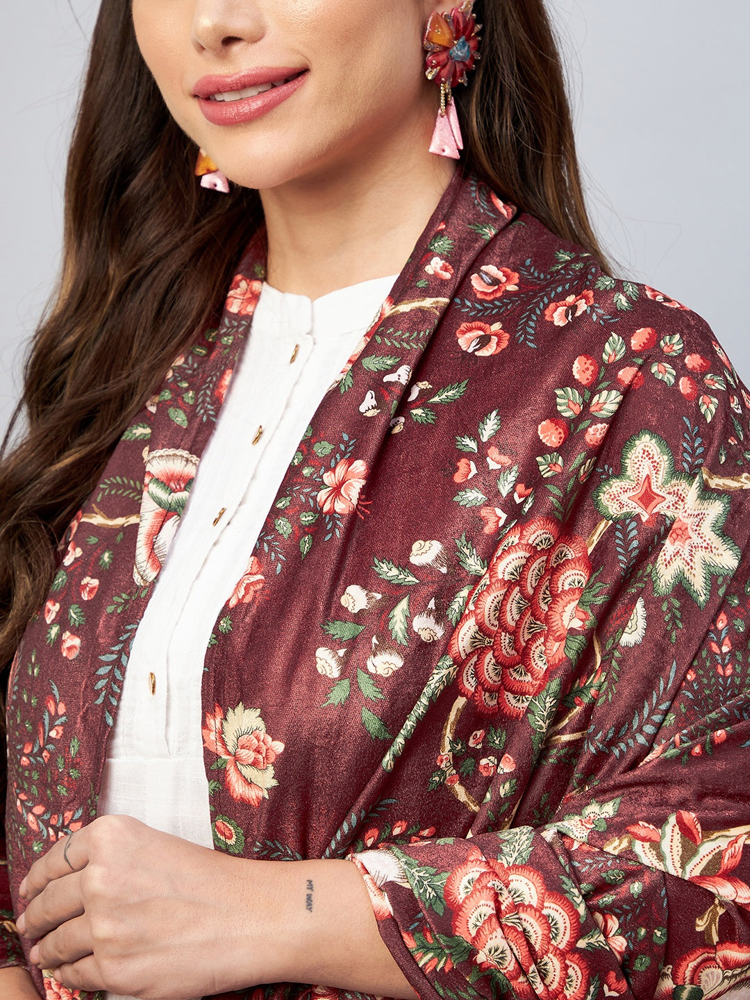 InWeave Maroon Printed Velvet Shawl - Swadesiicart