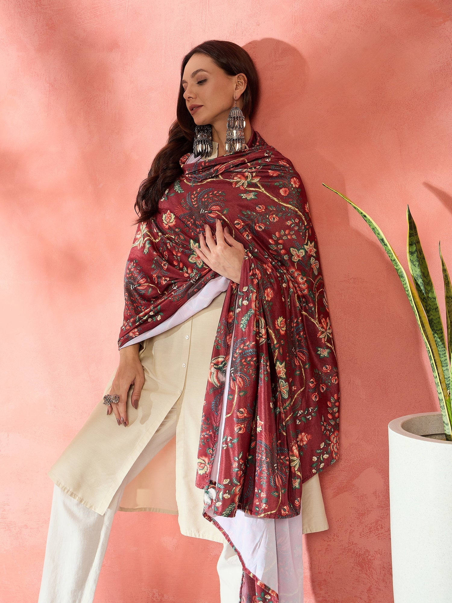 InWeave Maroon Printed Velvet Shawl - Swadesiicart