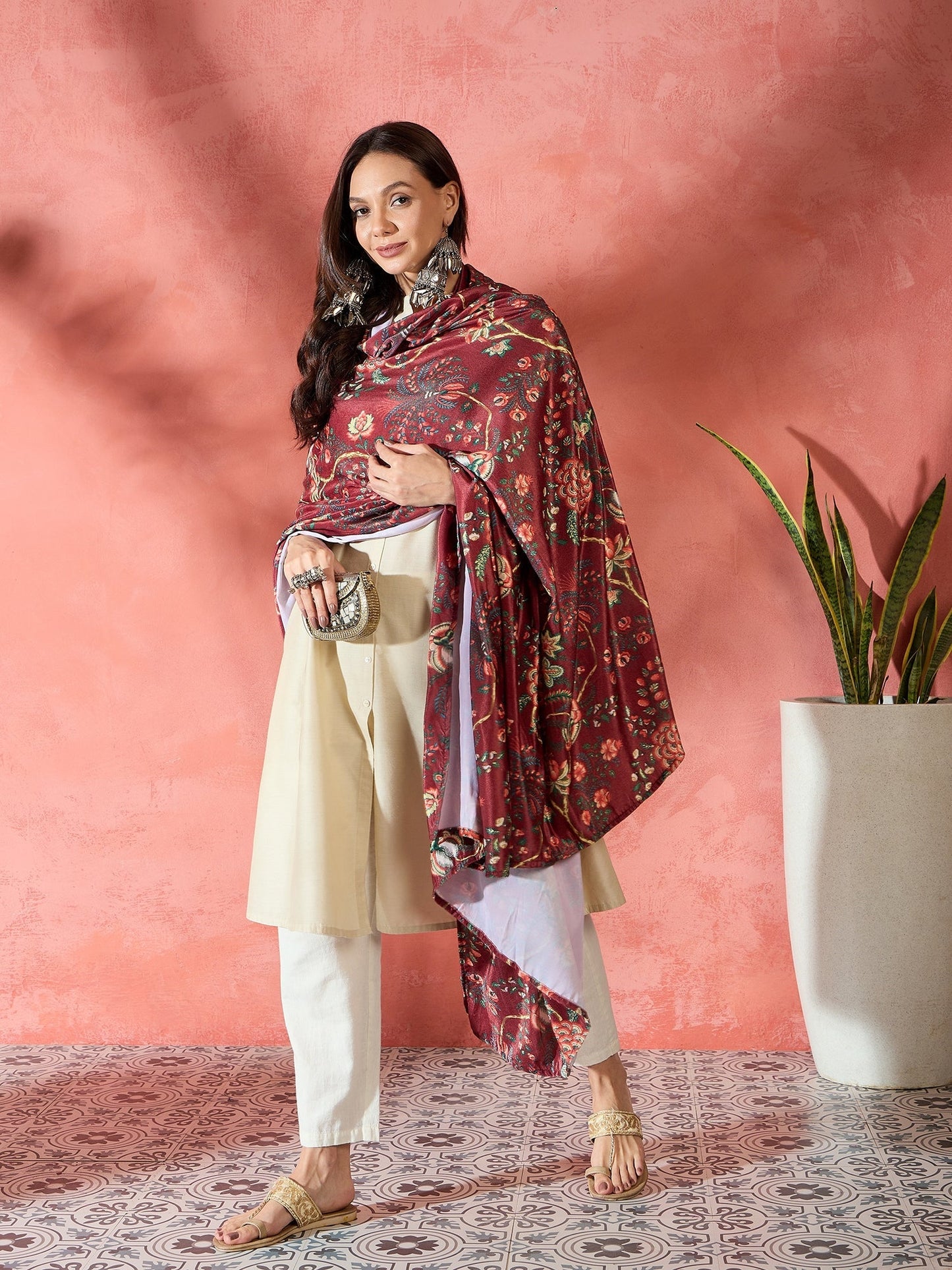 InWeave Maroon Printed Velvet Shawl - Swadesiicart
