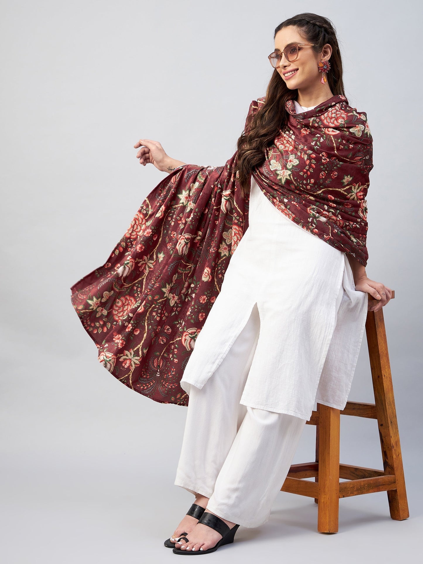 InWeave Maroon Printed Velvet Shawl - Swadesiicart