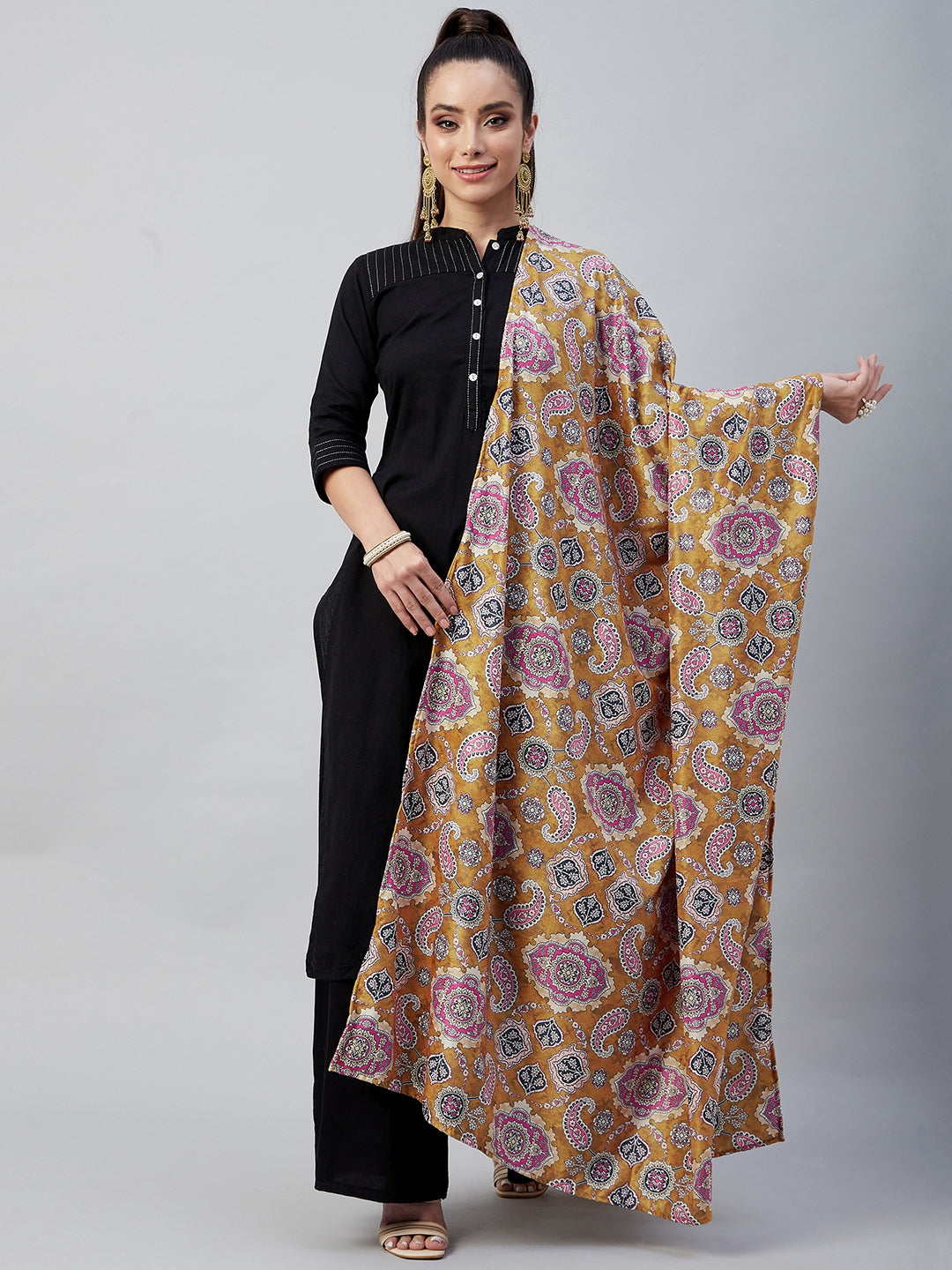 InWeave Yellow Printed Velvet Shawl - Swadesiicart