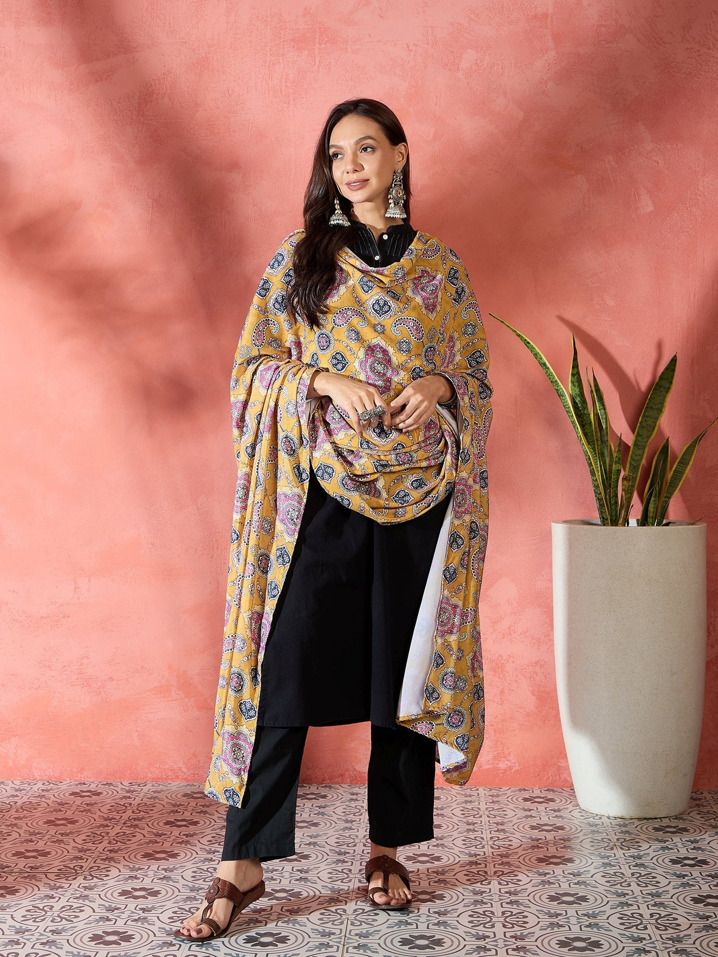 InWeave Yellow Printed Velvet Shawl - Swadesiicart