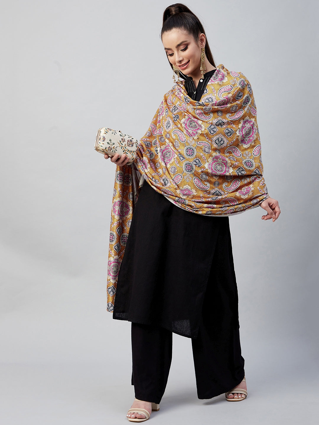 InWeave Yellow Printed Velvet Shawl - Swadesiicart