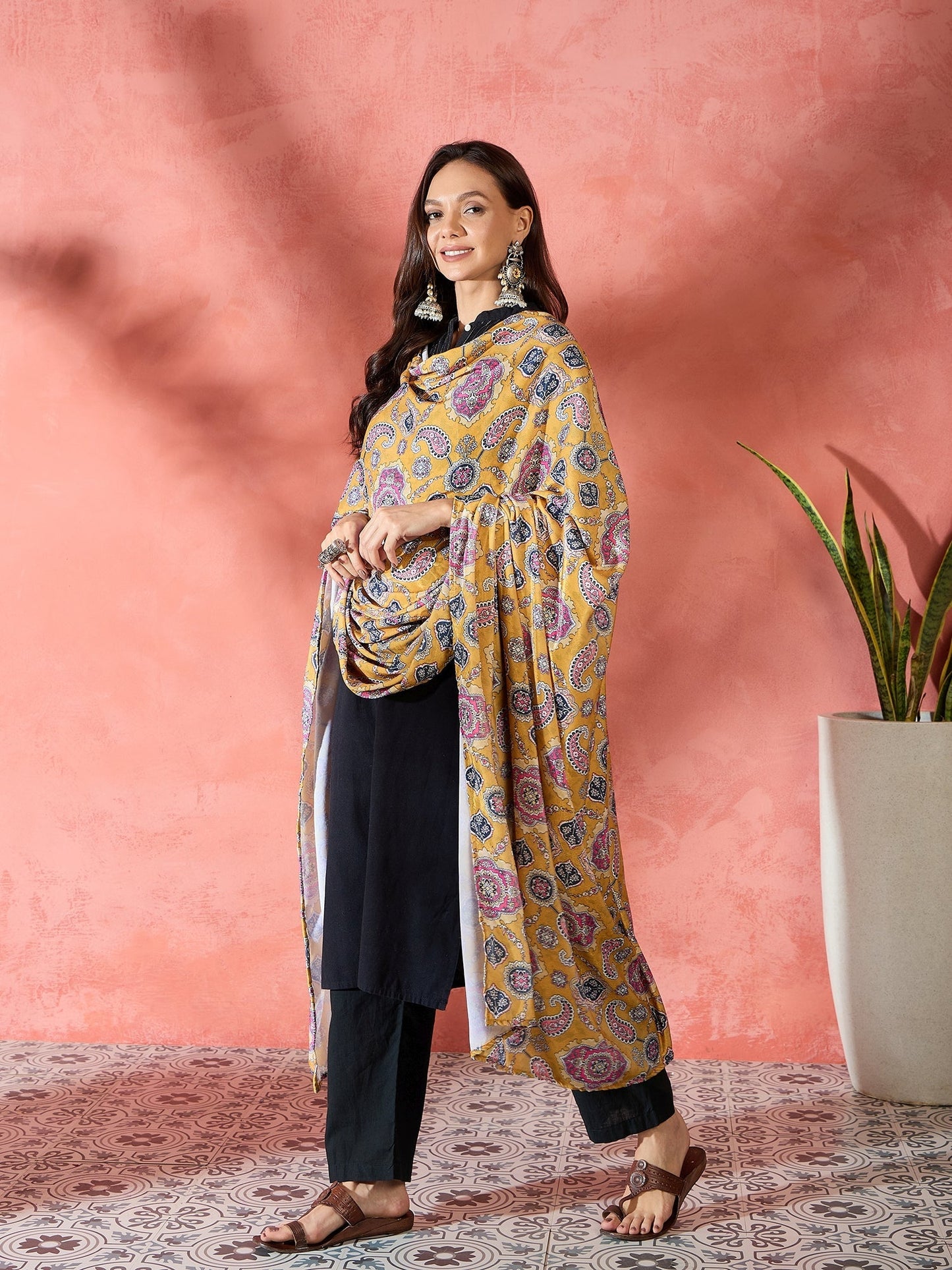 InWeave Yellow Printed Velvet Shawl - Swadesiicart