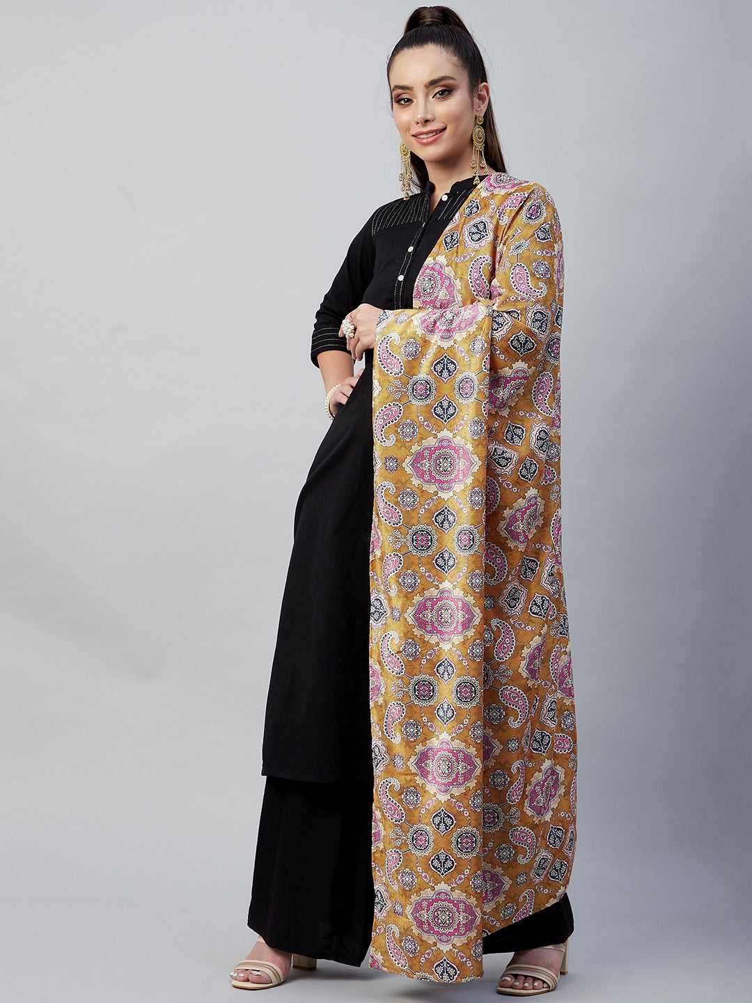 InWeave Yellow Printed Velvet Shawl - Swadesiicart