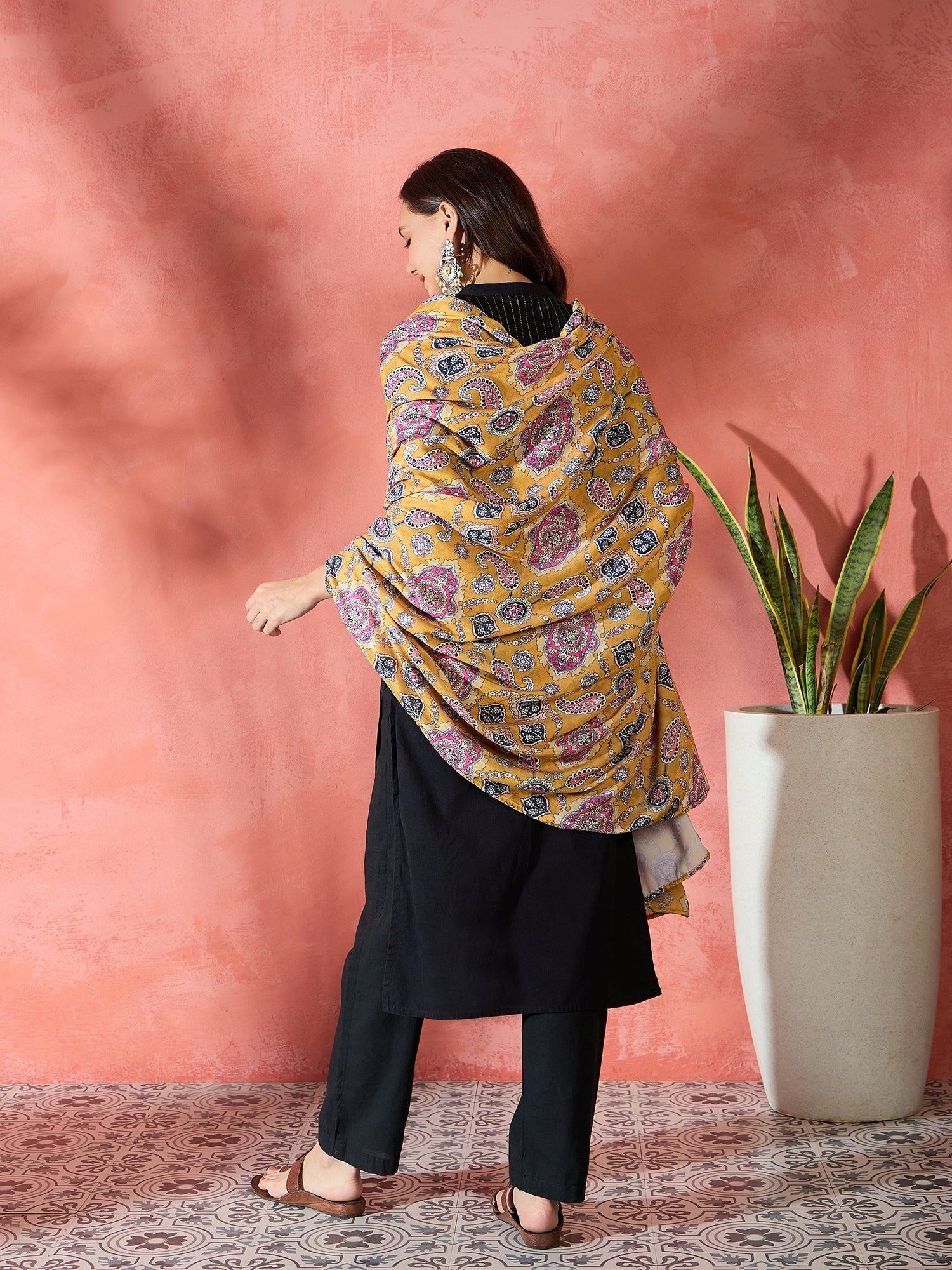 InWeave Yellow Printed Velvet Shawl - Swadesiicart