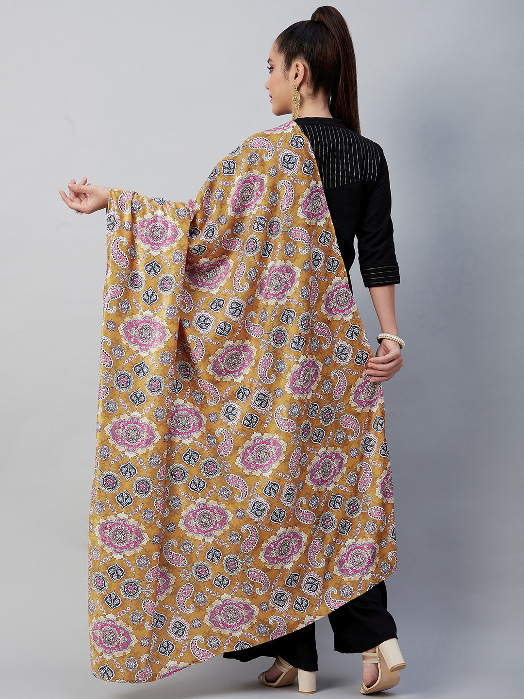 InWeave Yellow Printed Velvet Shawl - Swadesiicart