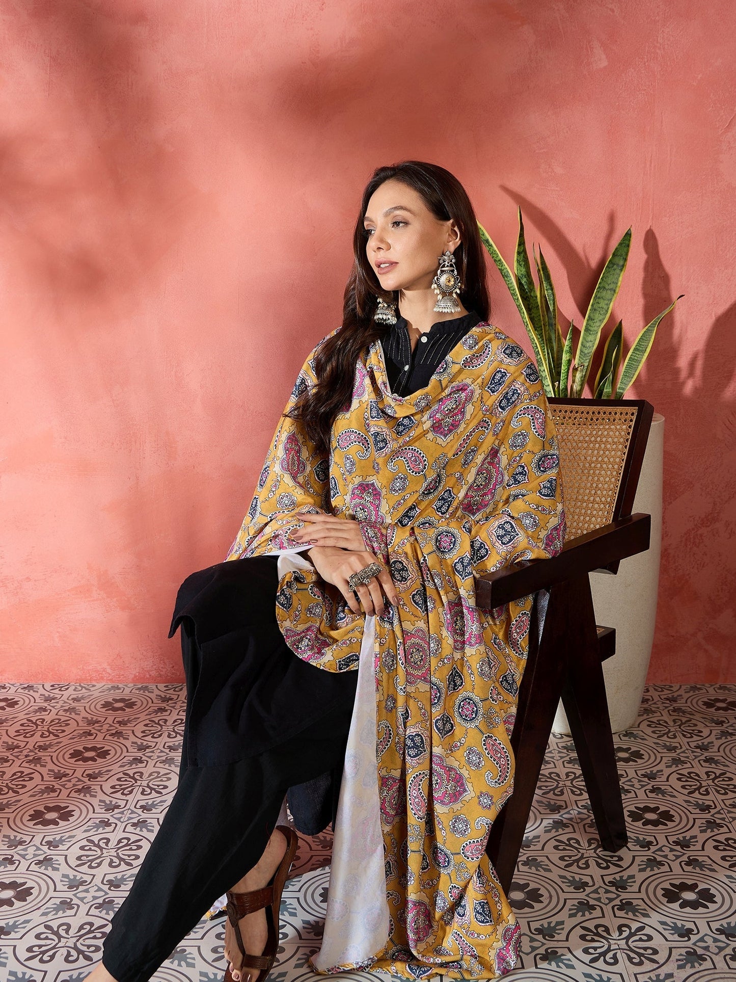 InWeave Yellow Printed Velvet Shawl - Swadesiicart