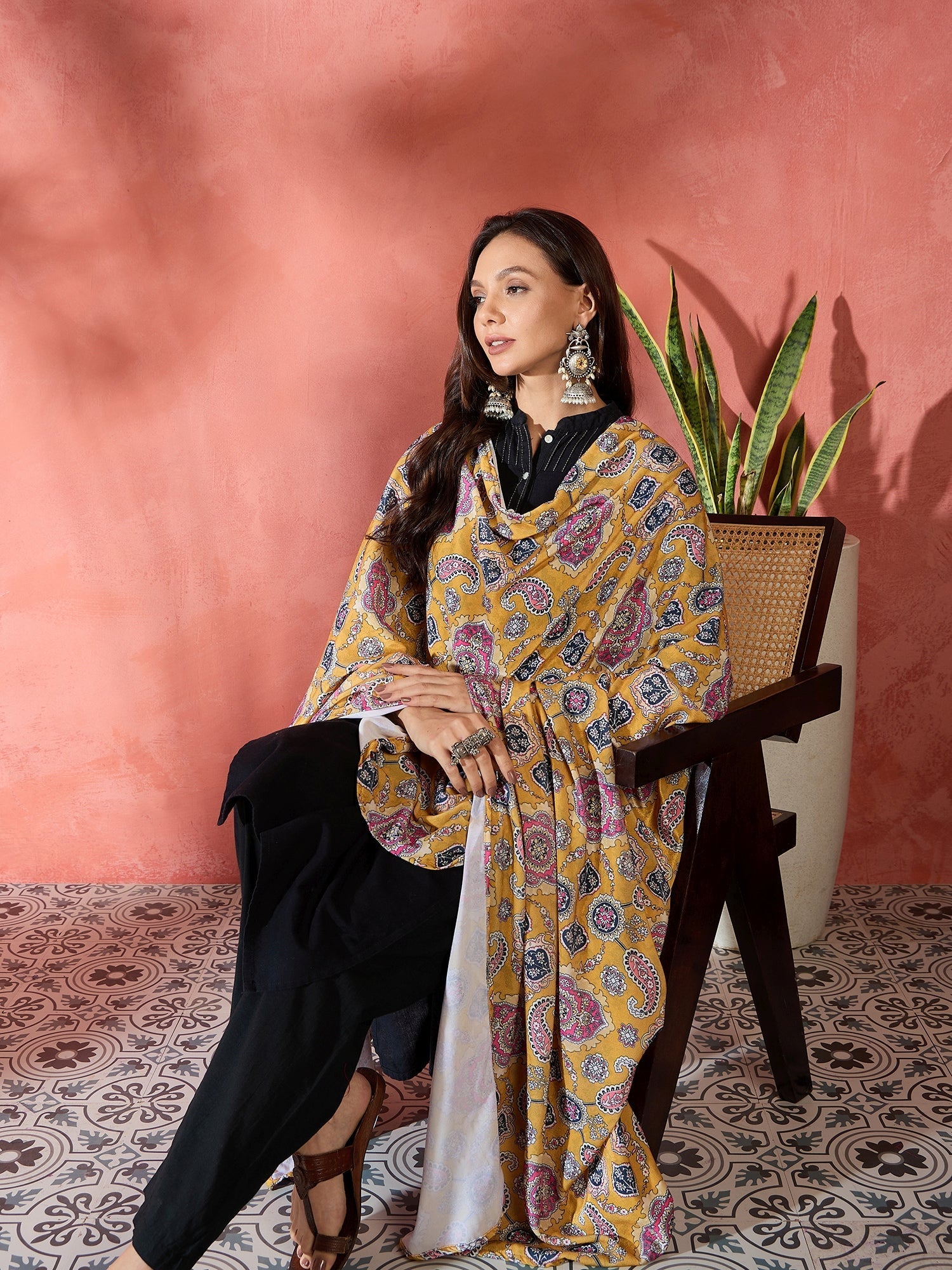InWeave Yellow Printed Velvet Shawl - Swadesiicart