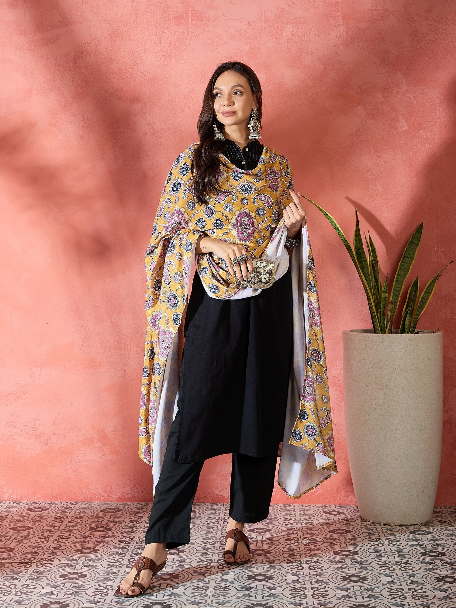 InWeave Yellow Printed Velvet Shawl - Swadesiicart