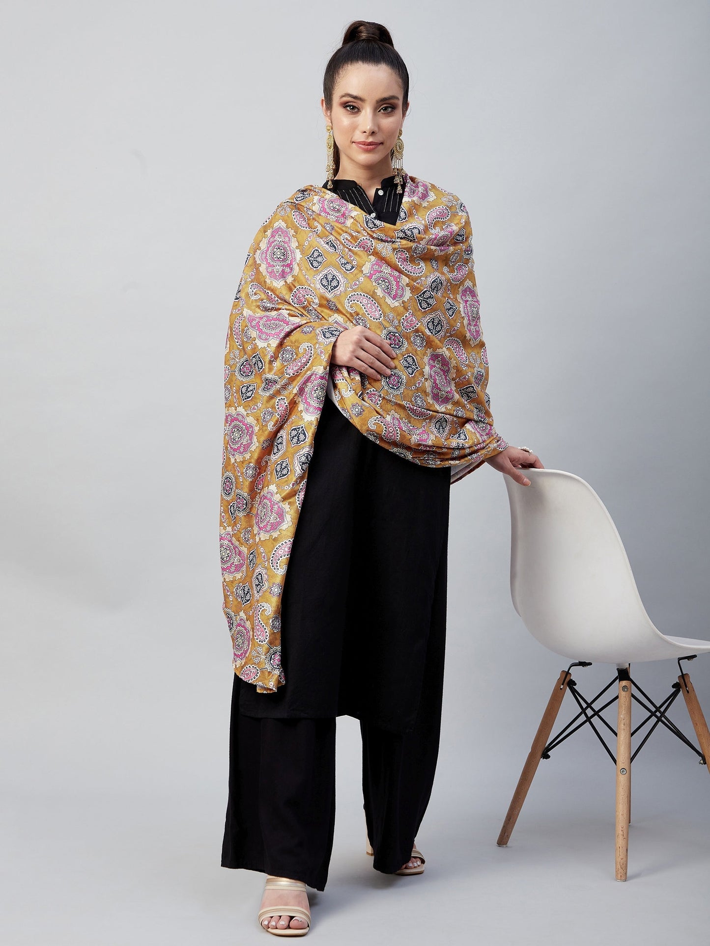 InWeave Yellow Printed Velvet Shawl - Swadesiicart