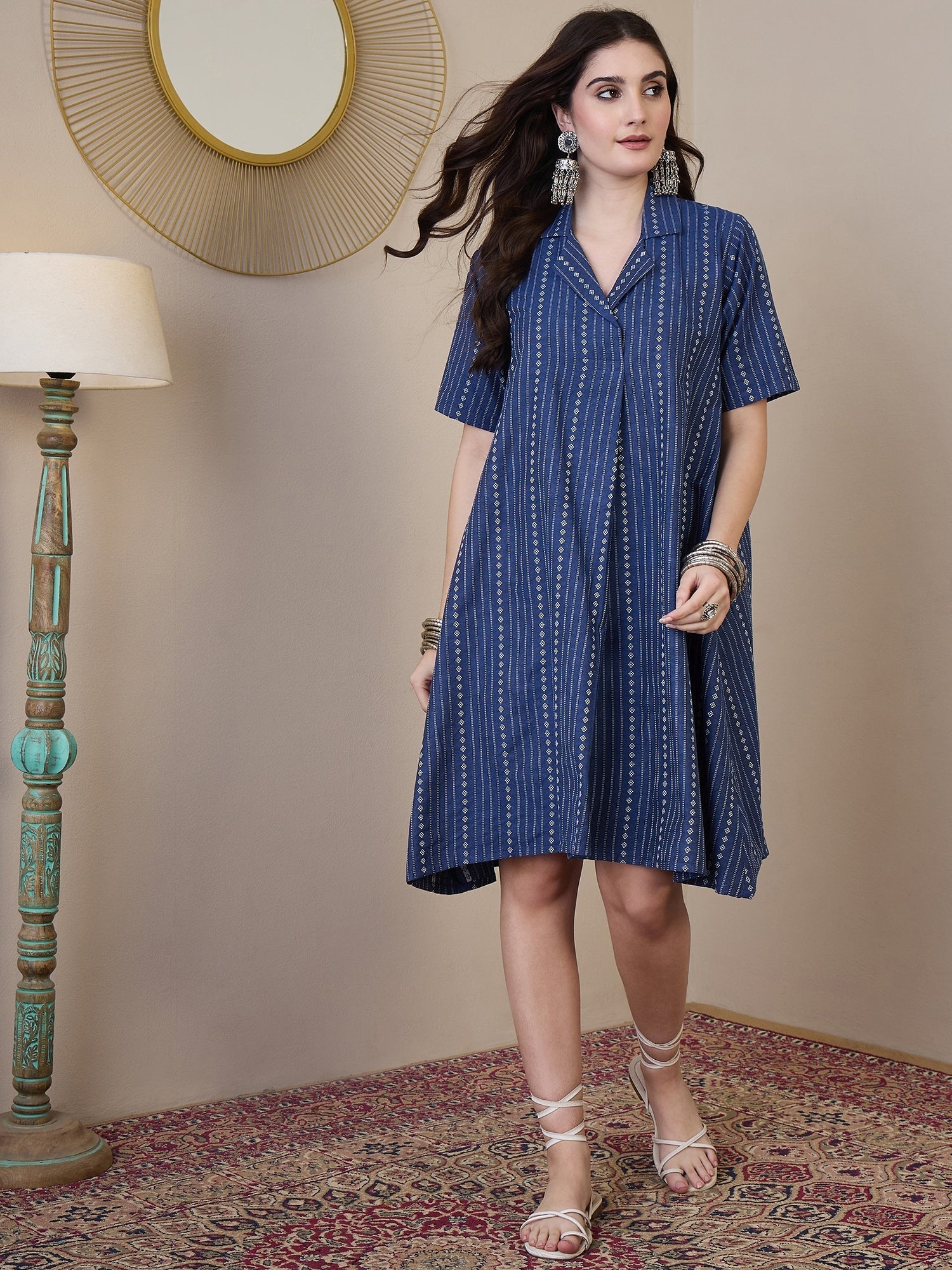 InWeave Indigo Stripe Kantha Collar Dress - Swadesiicart