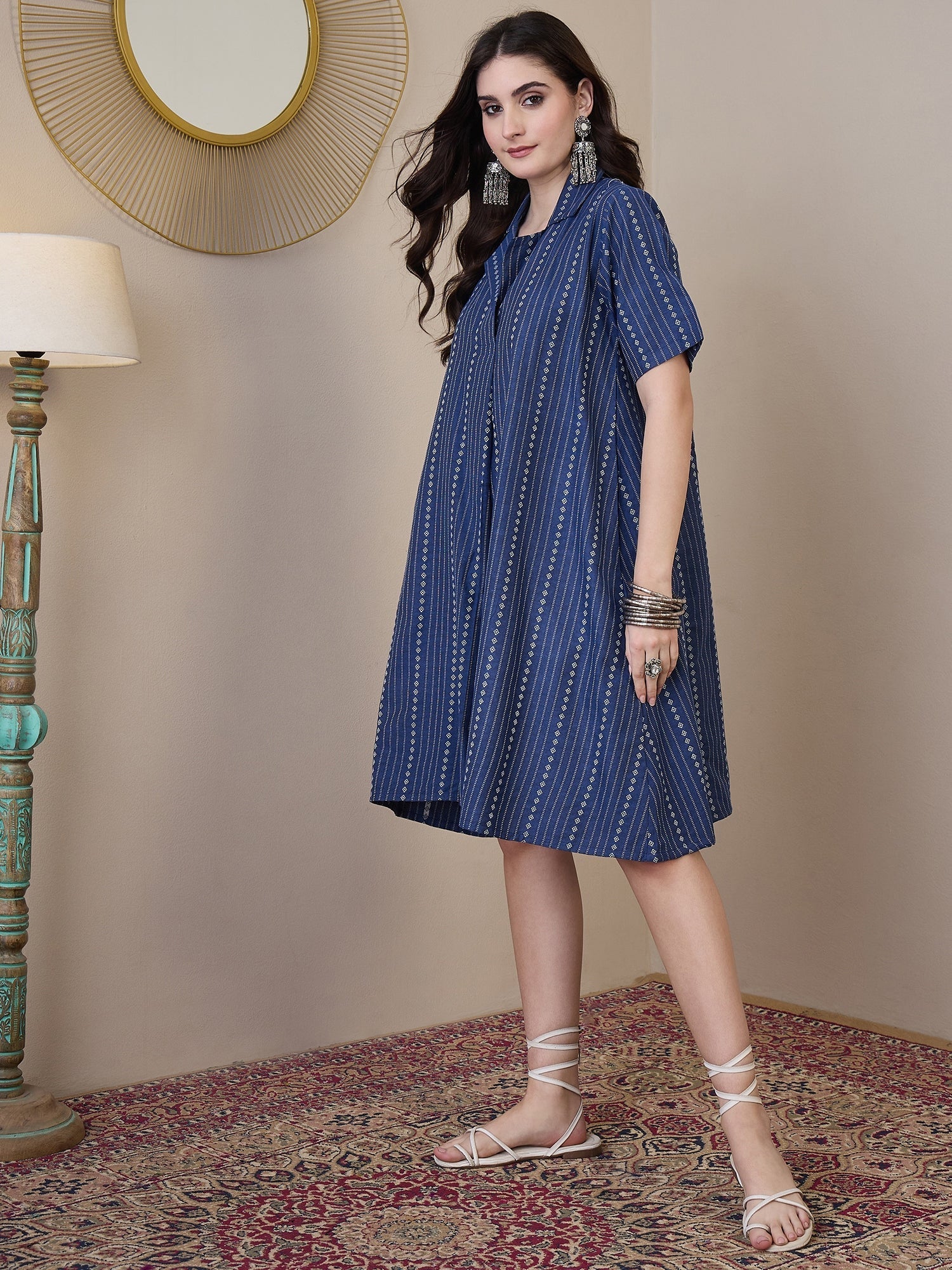 InWeave Indigo Stripe Kantha Collar Dress - Swadesiicart