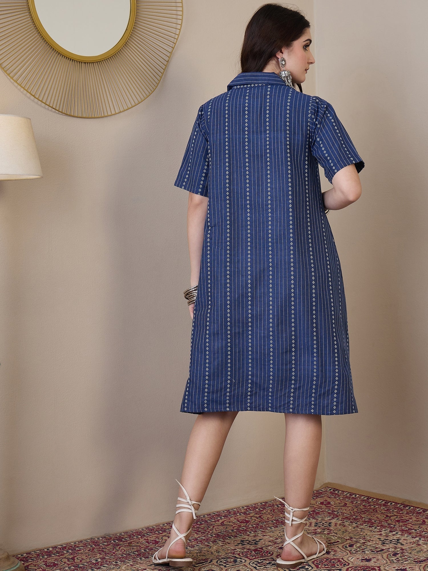 InWeave Indigo Stripe Kantha Collar Dress - Swadesiicart