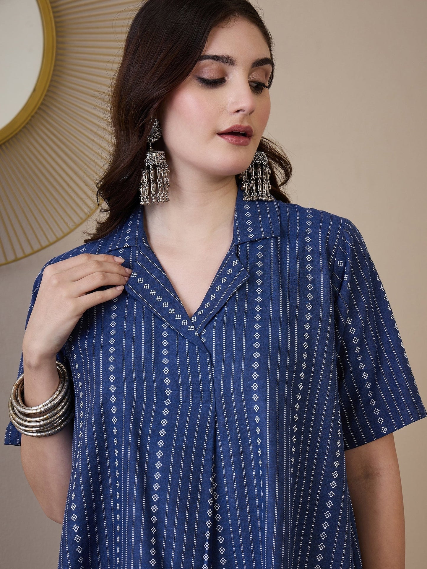 InWeave Indigo Stripe Kantha Collar Dress - Swadesiicart