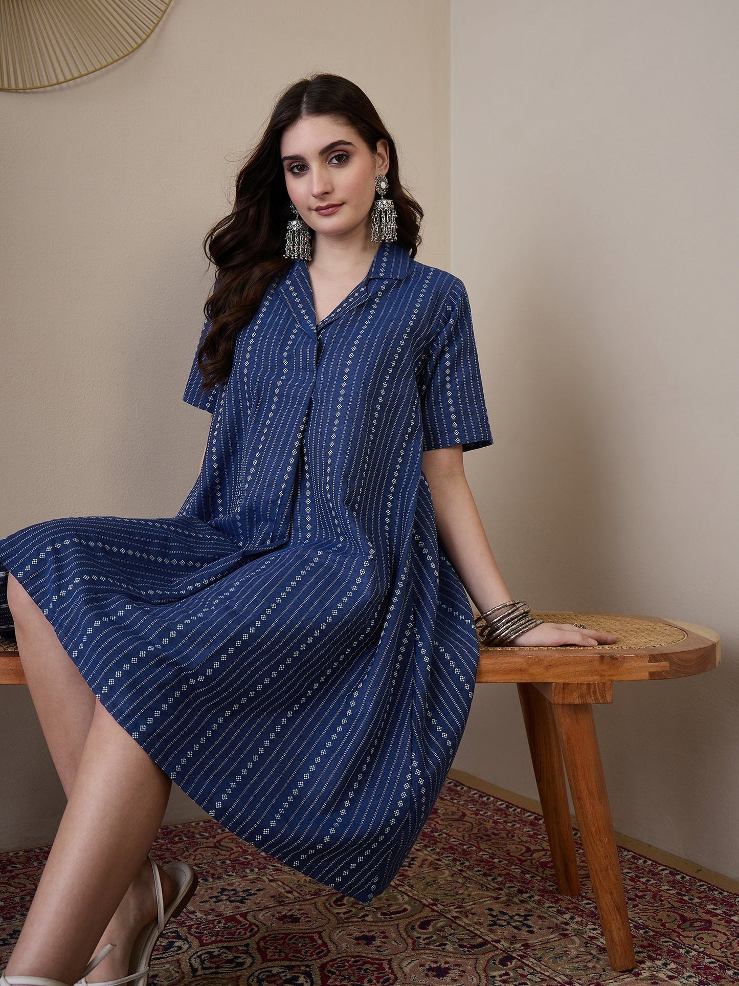 InWeave Indigo Stripe Kantha Collar Dress - Swadesiicart