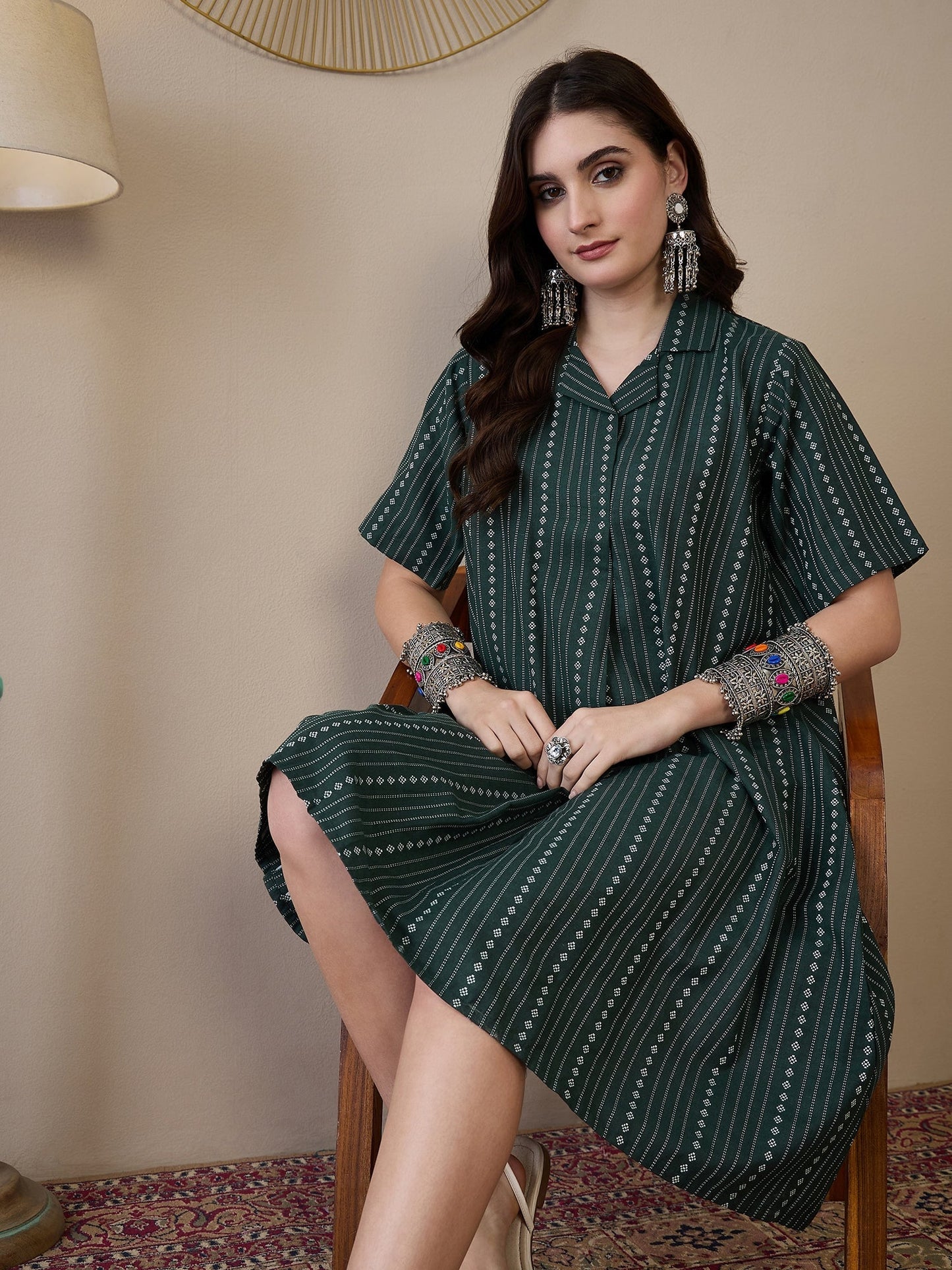 InWeave Green Stripe Kantha Collar Dress - Swadesiicart