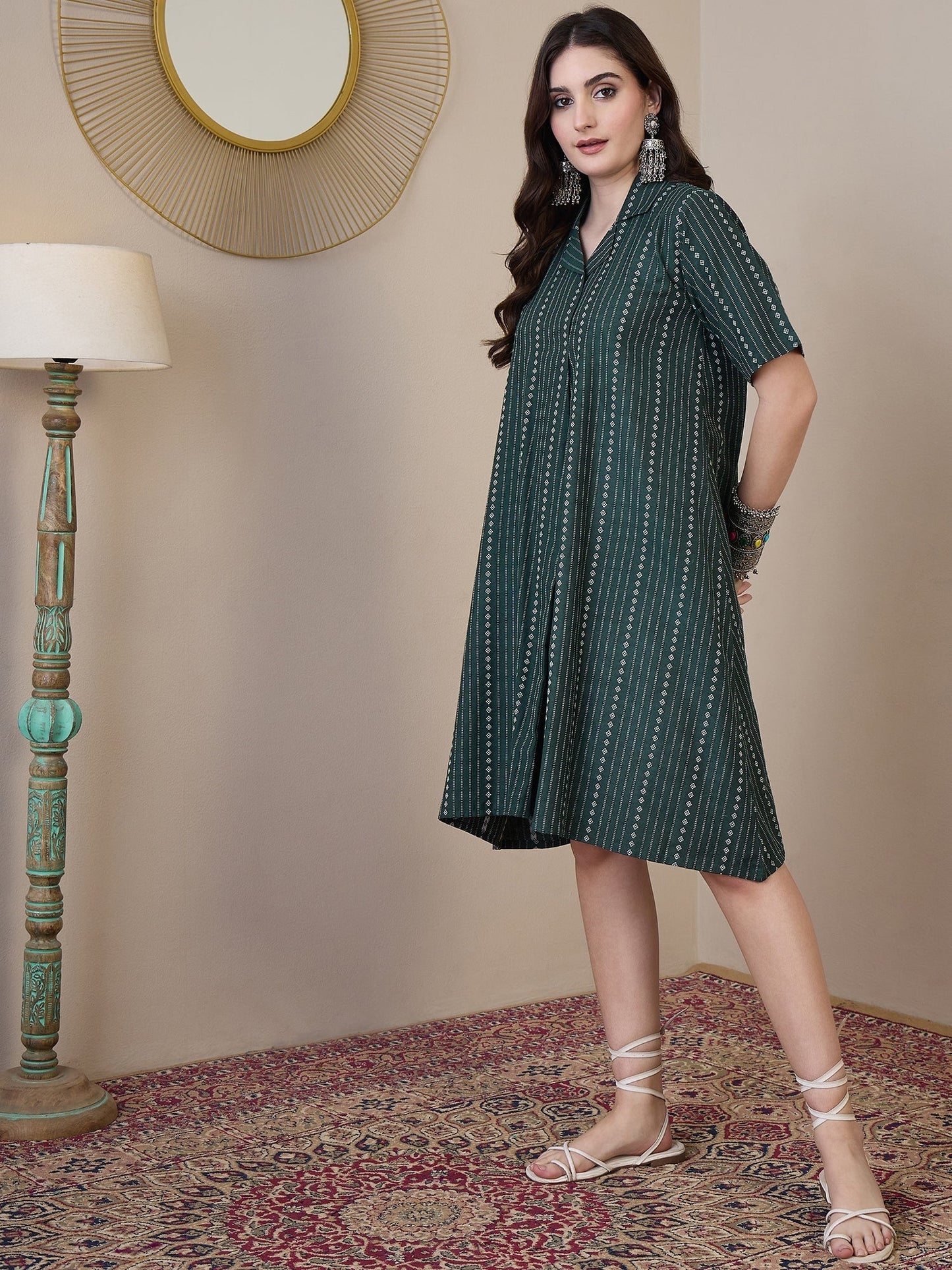 InWeave Green Stripe Kantha Collar Dress - Swadesiicart