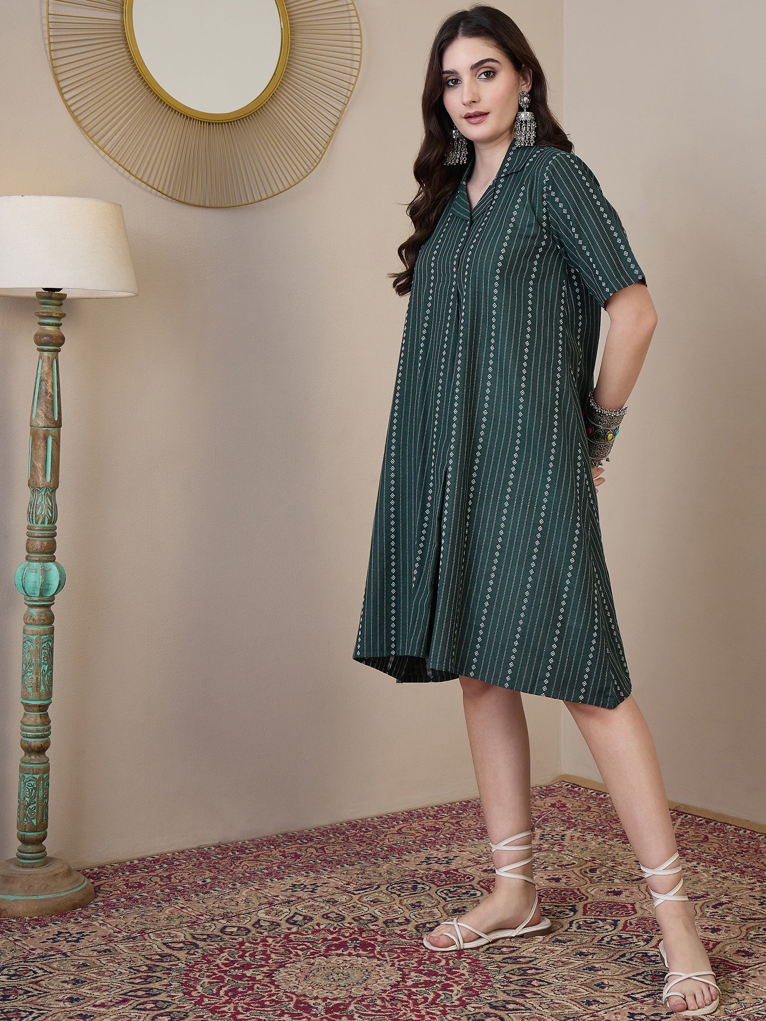 InWeave Green Stripe Kantha Collar Dress - Swadesiicart