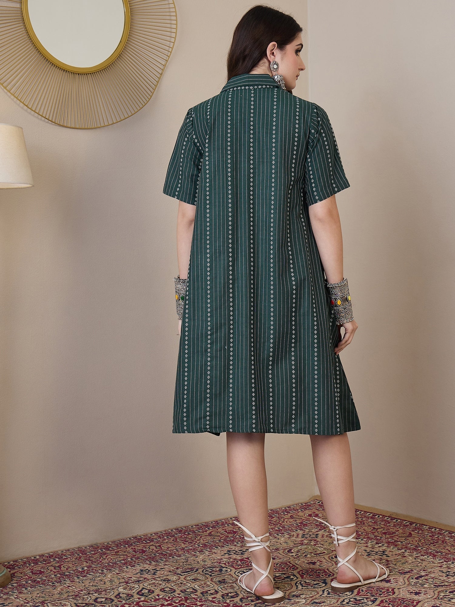 InWeave Green Stripe Kantha Collar Dress - Swadesiicart